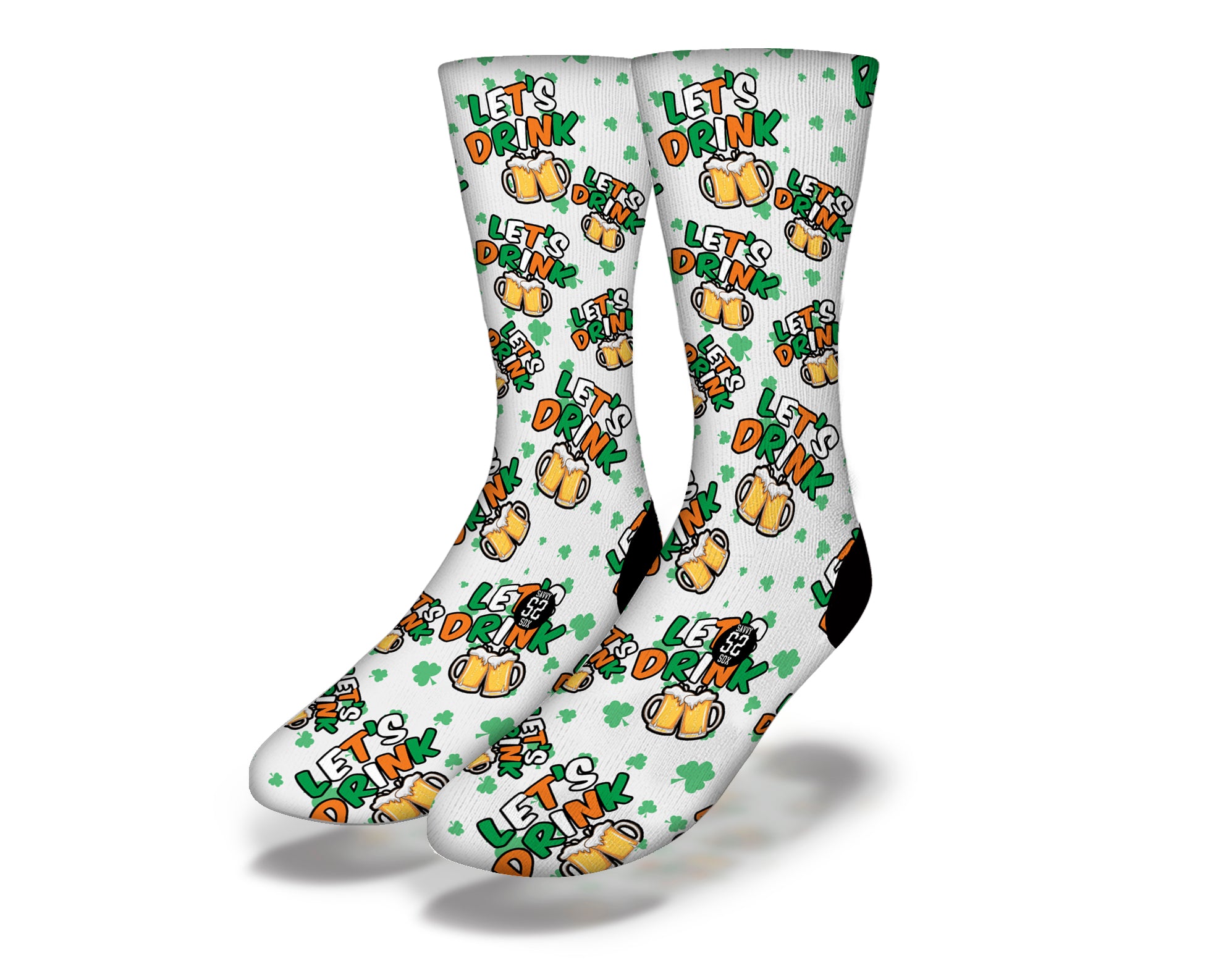Colorful St. Patrick's Day socks with fun phrases and designs, perfect for festive celebrations and drinking games.