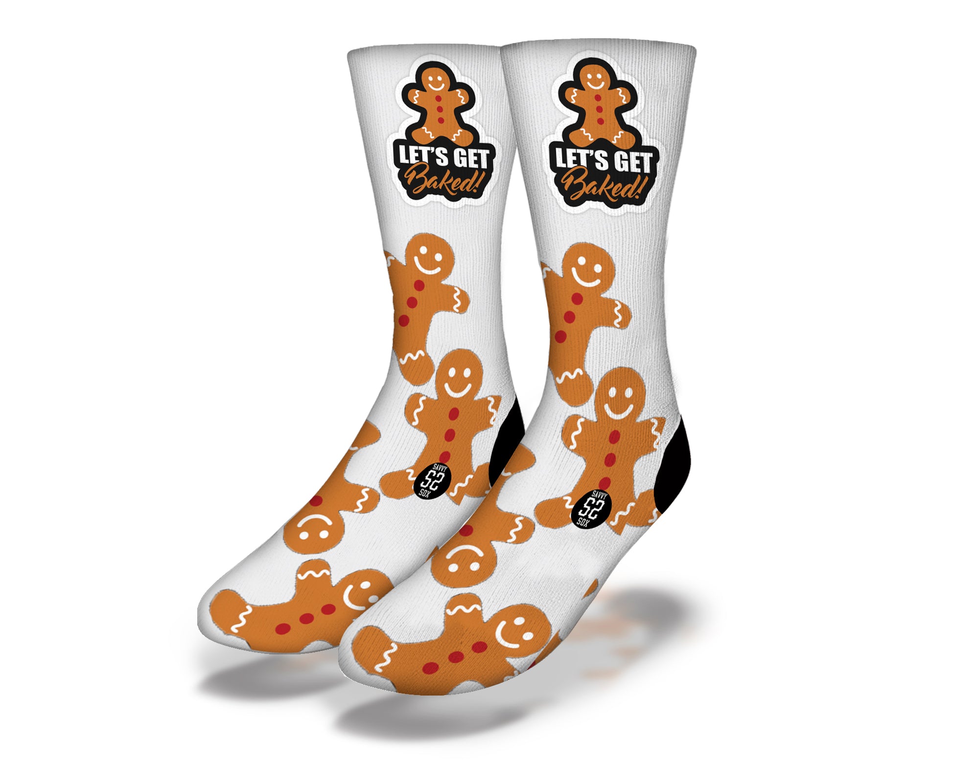 LET'S GET BAKED Gingerbread Man Funny Christmas Socks featuring playful gingerbread men design, perfect for holiday baking and gifting.