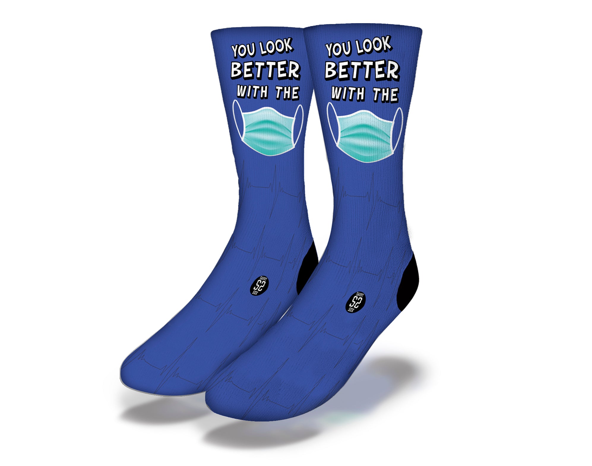 A pair of blue novelty socks with a humorous message about wearing masks, perfect for adding fun to your wardrobe.