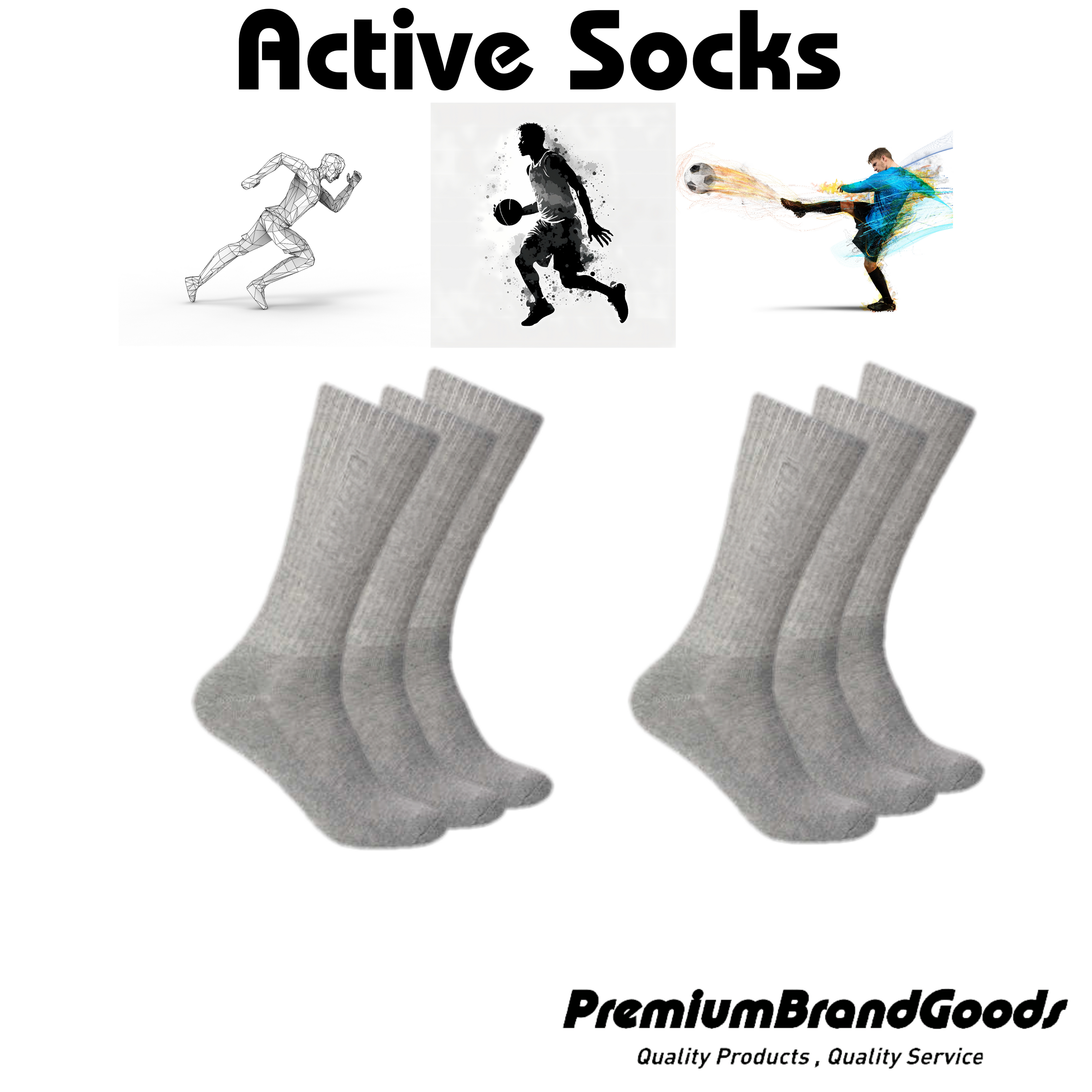 Men's Active Athlete Crew Socks in various sizes, showcasing their poly blend material and crew length design.
