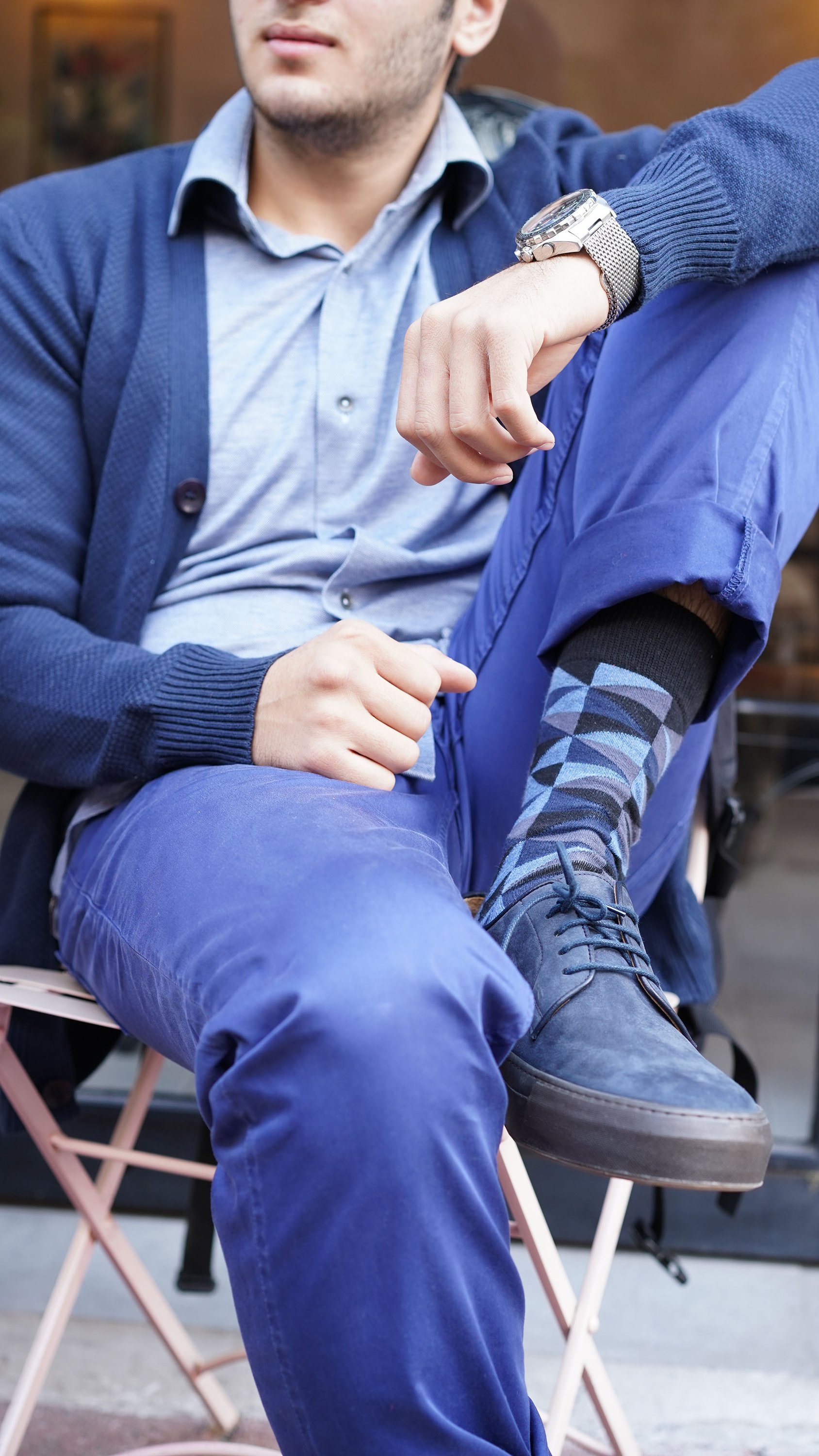 Men's Azure Triangle Socks featuring a vibrant azure triangle pattern, made from soft Turkish cotton for comfort and style.