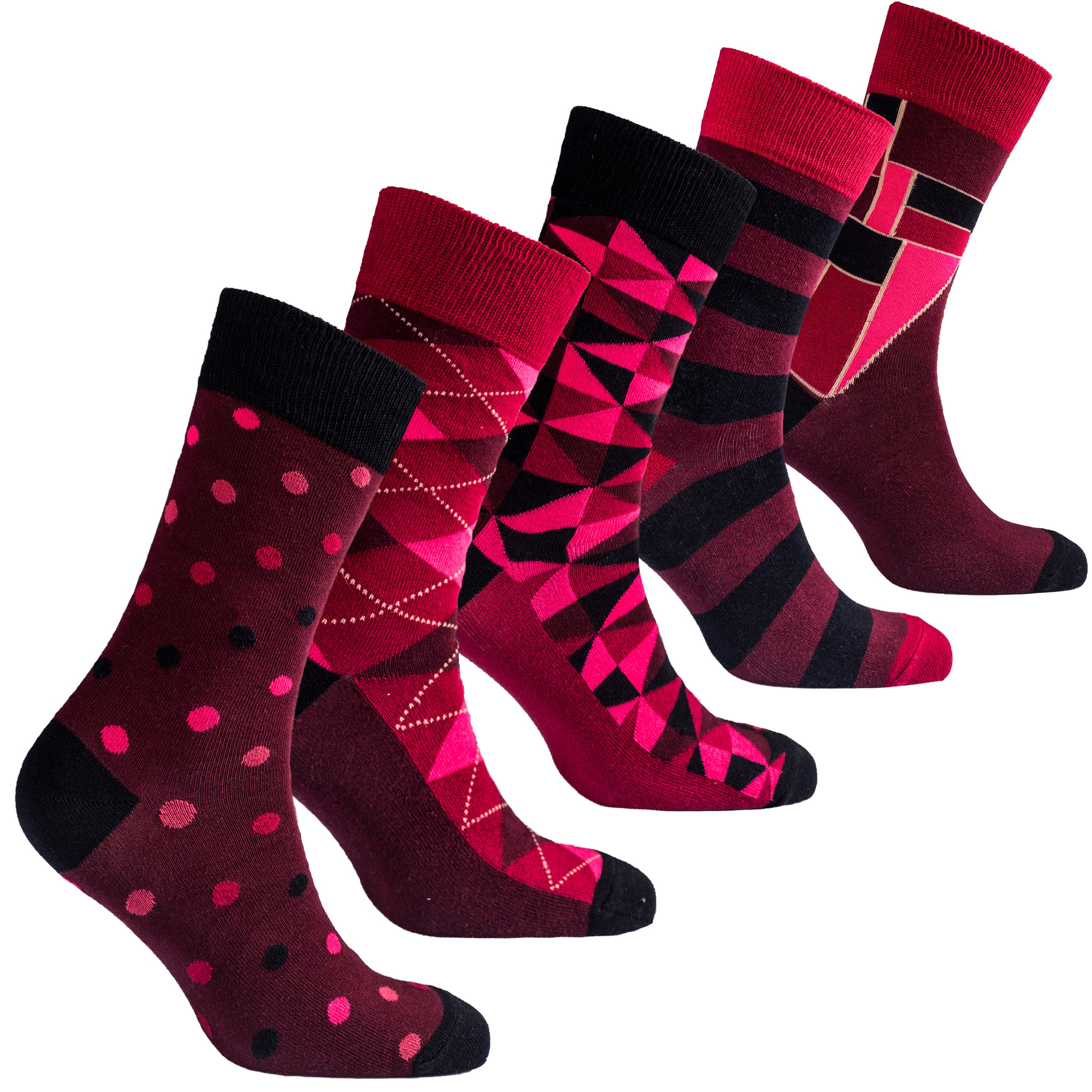 Men's Burgundy Mix Set Socks featuring colorful designs and premium cotton material, perfect for stylish comfort.