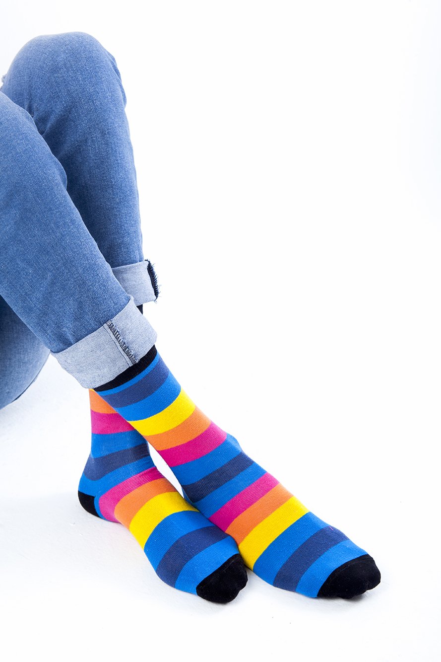 Men's Rainbow Stripe Socks featuring vibrant colors and a stylish design, made from soft Turkish cotton for comfort.