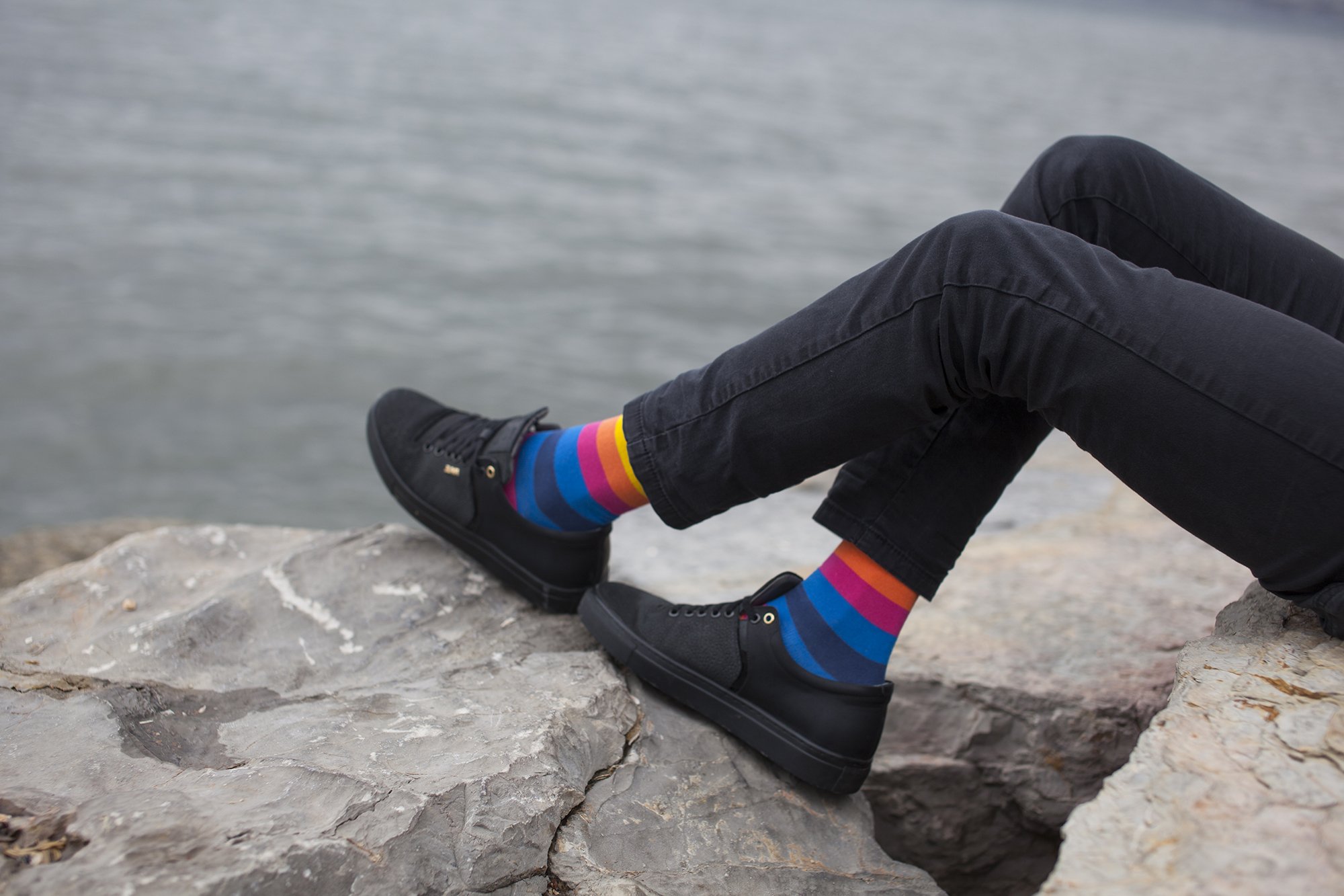Men's Rainbow Stripe Socks featuring vibrant colors and a stylish design, made from soft Turkish cotton for comfort.