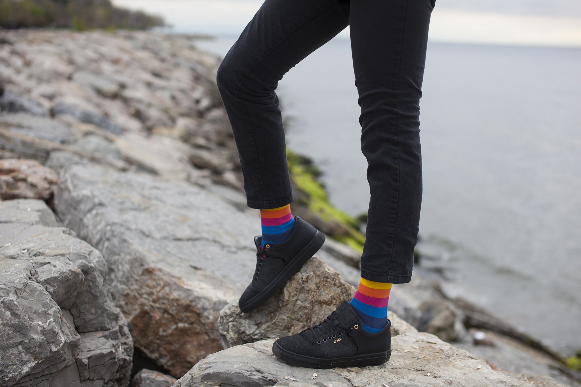 Men's Rainbow Stripe Socks featuring vibrant colors and a stylish design, made from soft Turkish cotton for comfort.
