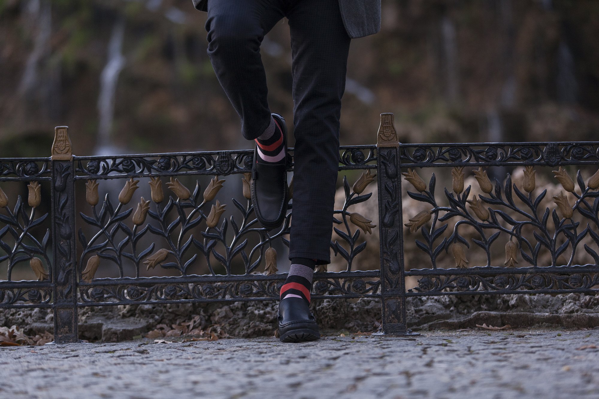 Men's Red Blush Stripe Socks featuring vibrant colors and trendy patterns, made from soft Turkish cotton for comfort.