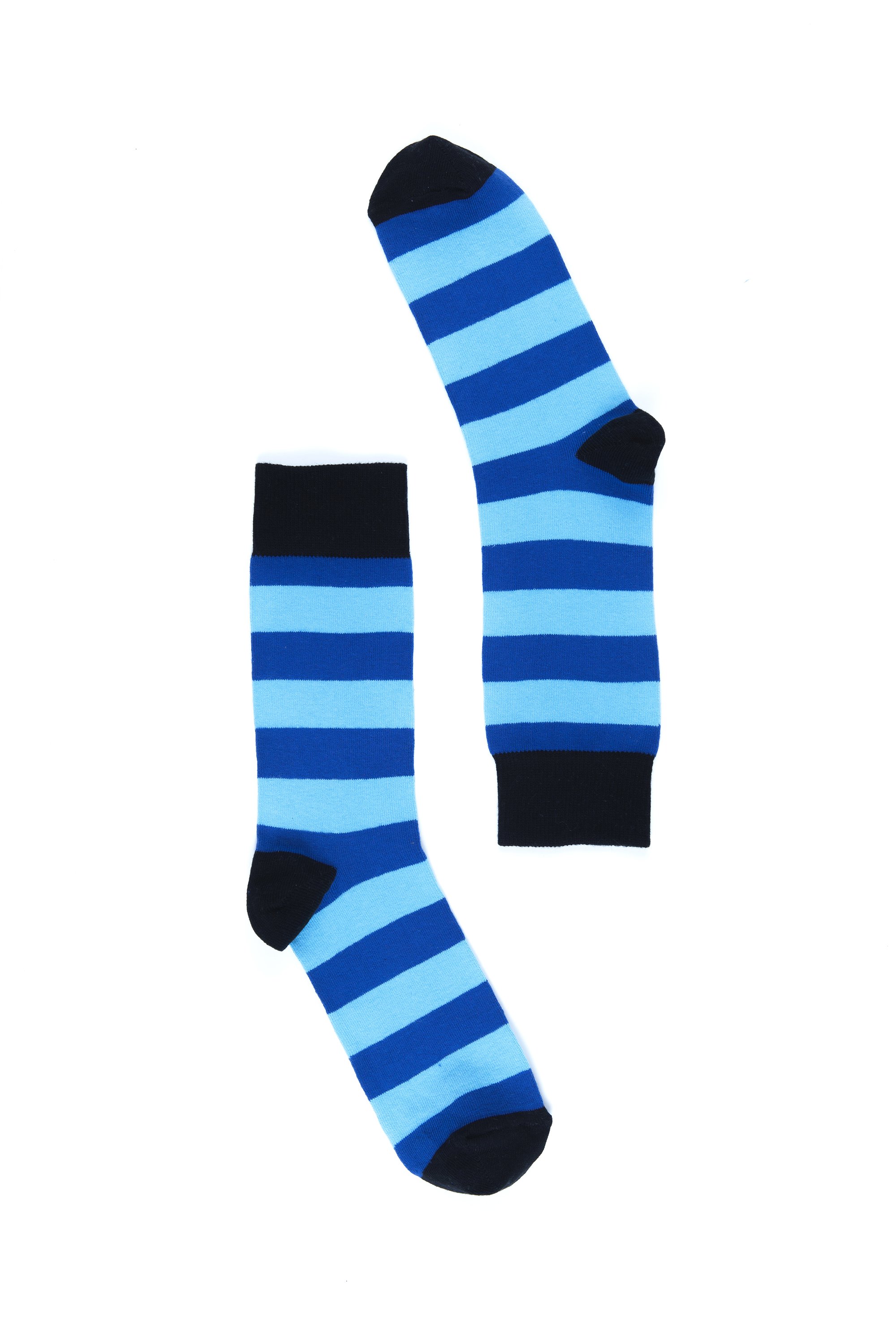 Men's sky blue stripe socks showcasing a vibrant design, perfect for adding a stylish touch to any outfit.