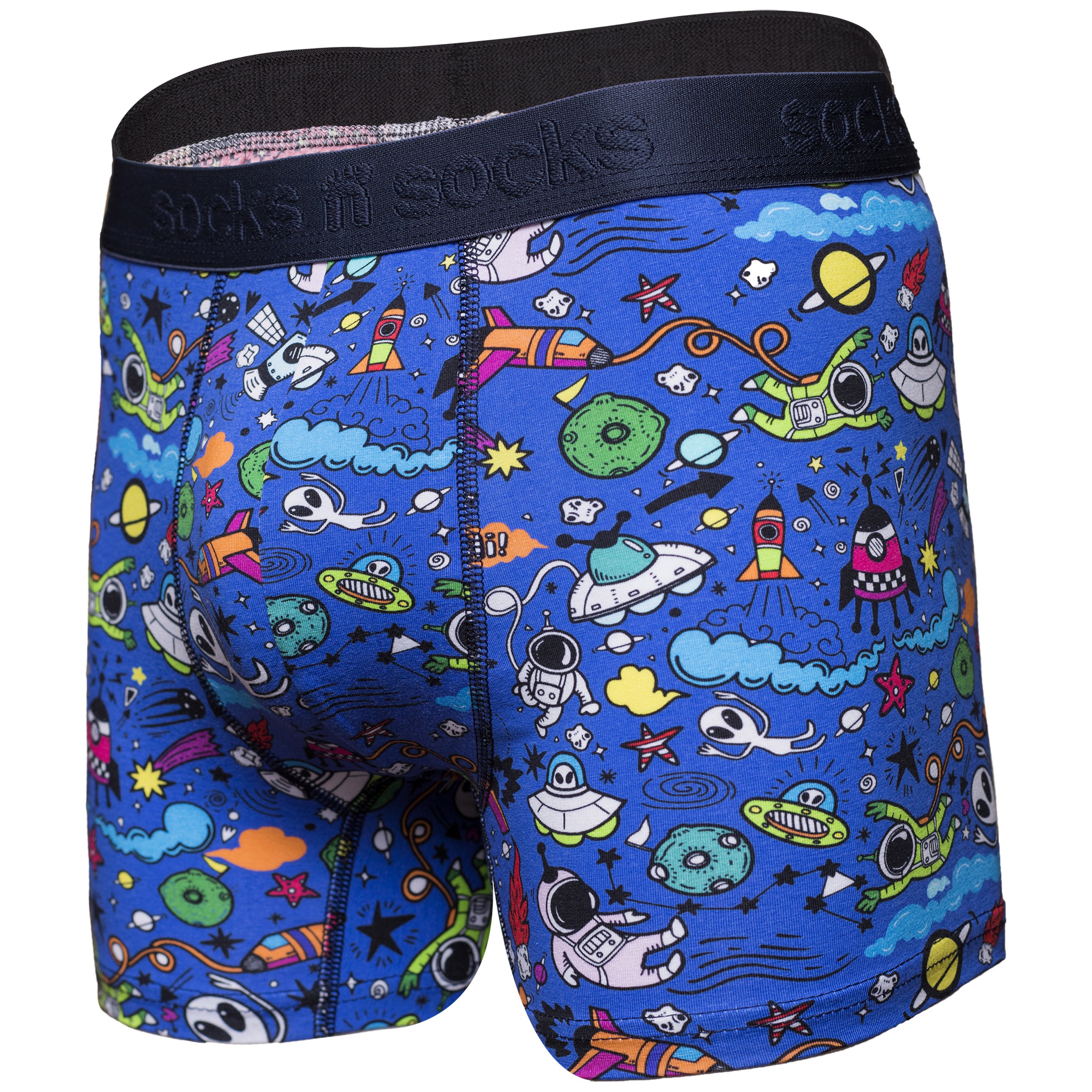 Men's Space Doddle Boxer Briefs featuring vibrant colors and funky designs, made from a soft Viscose and Spandex blend for ultimate comfort.