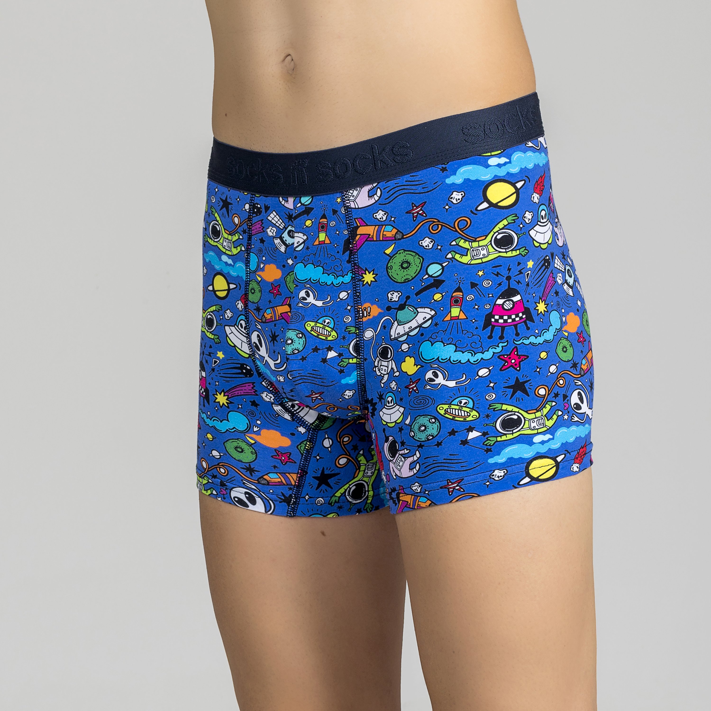 Men's Space Doddle Boxer Briefs featuring vibrant colors and funky designs, made from a soft Viscose and Spandex blend for ultimate comfort.