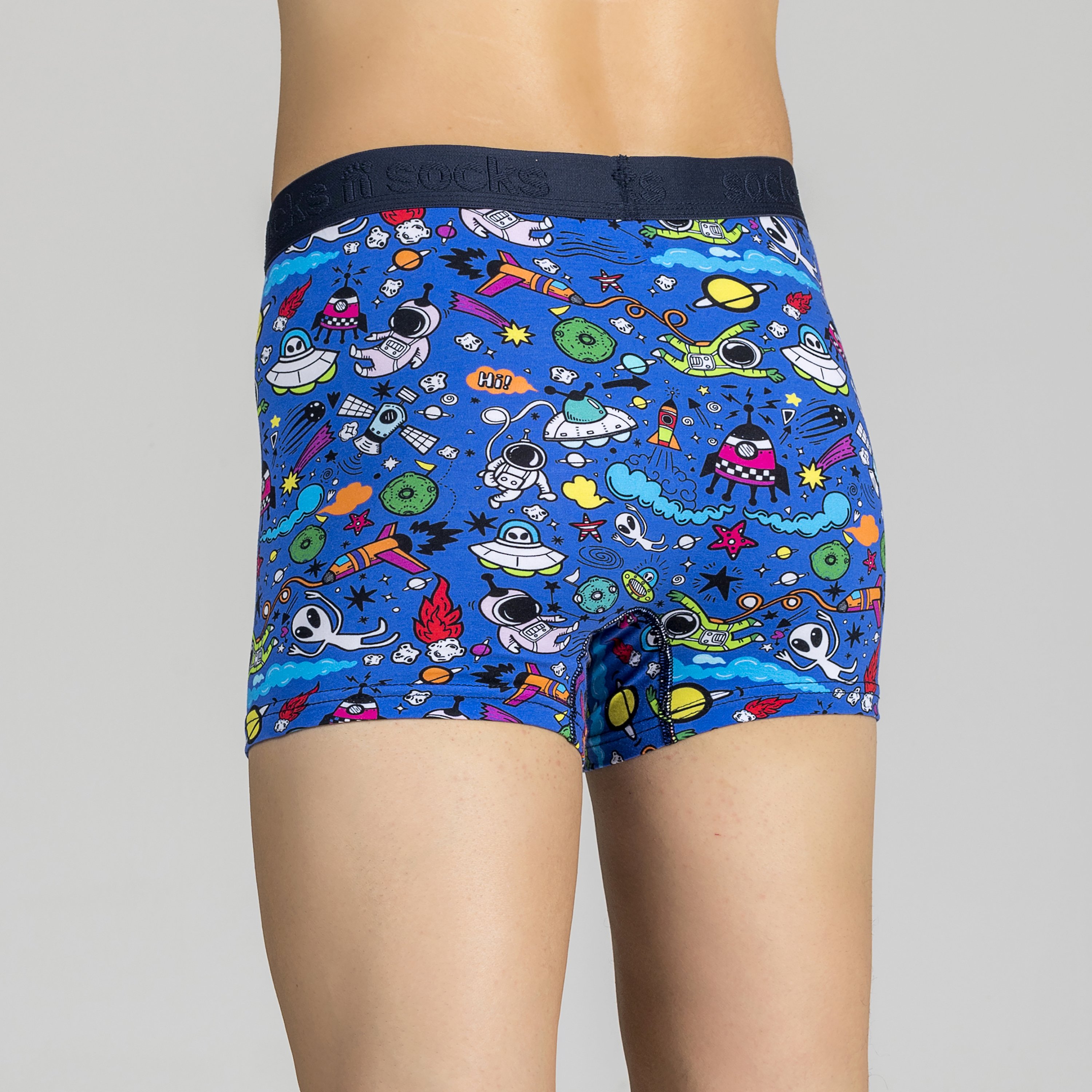 Men's Space Doddle Boxer Briefs featuring vibrant colors and funky designs, made from a soft Viscose and Spandex blend for ultimate comfort.