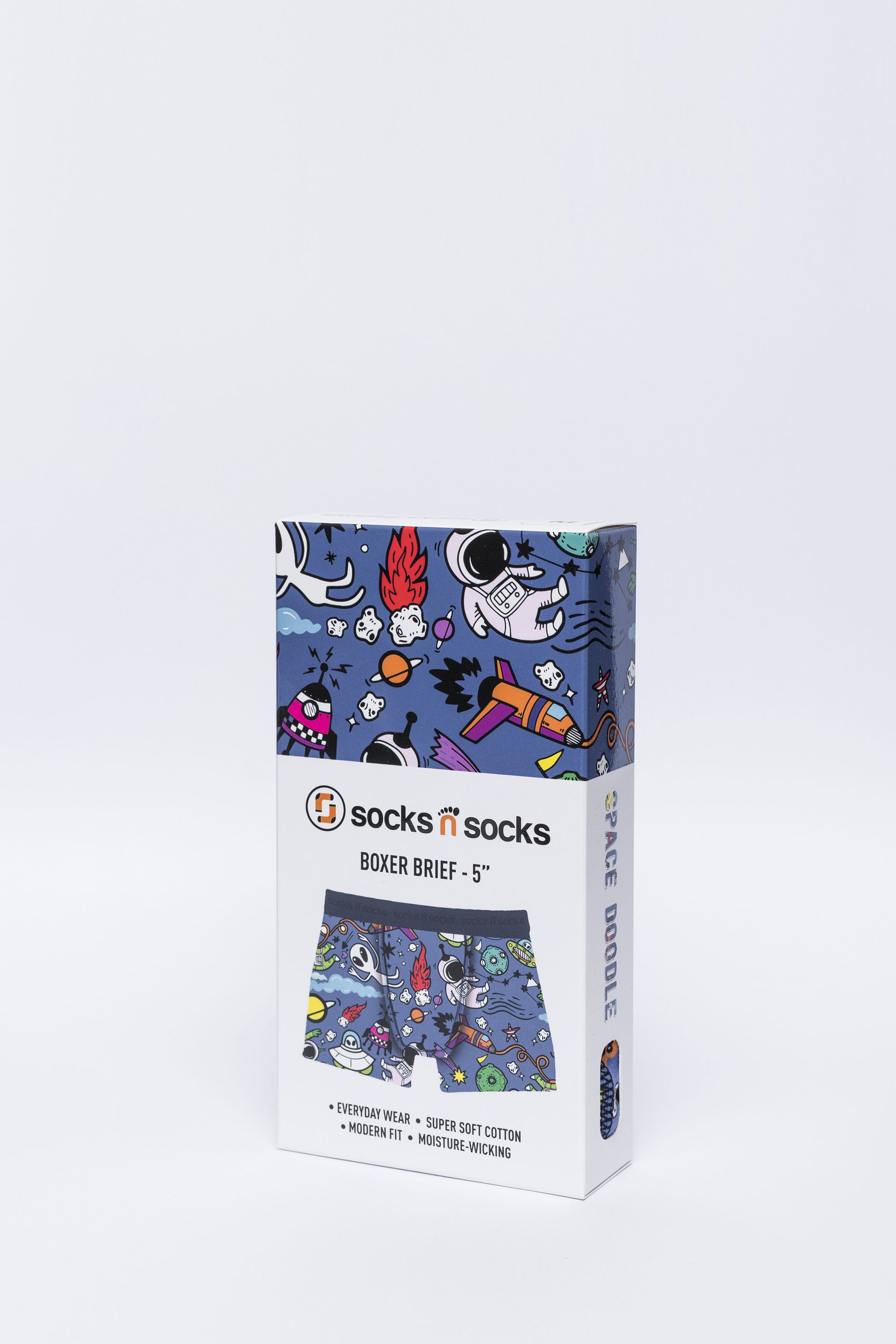 Men's Space Doddle Boxer Briefs featuring vibrant colors and funky designs, made from a soft Viscose and Spandex blend for ultimate comfort.