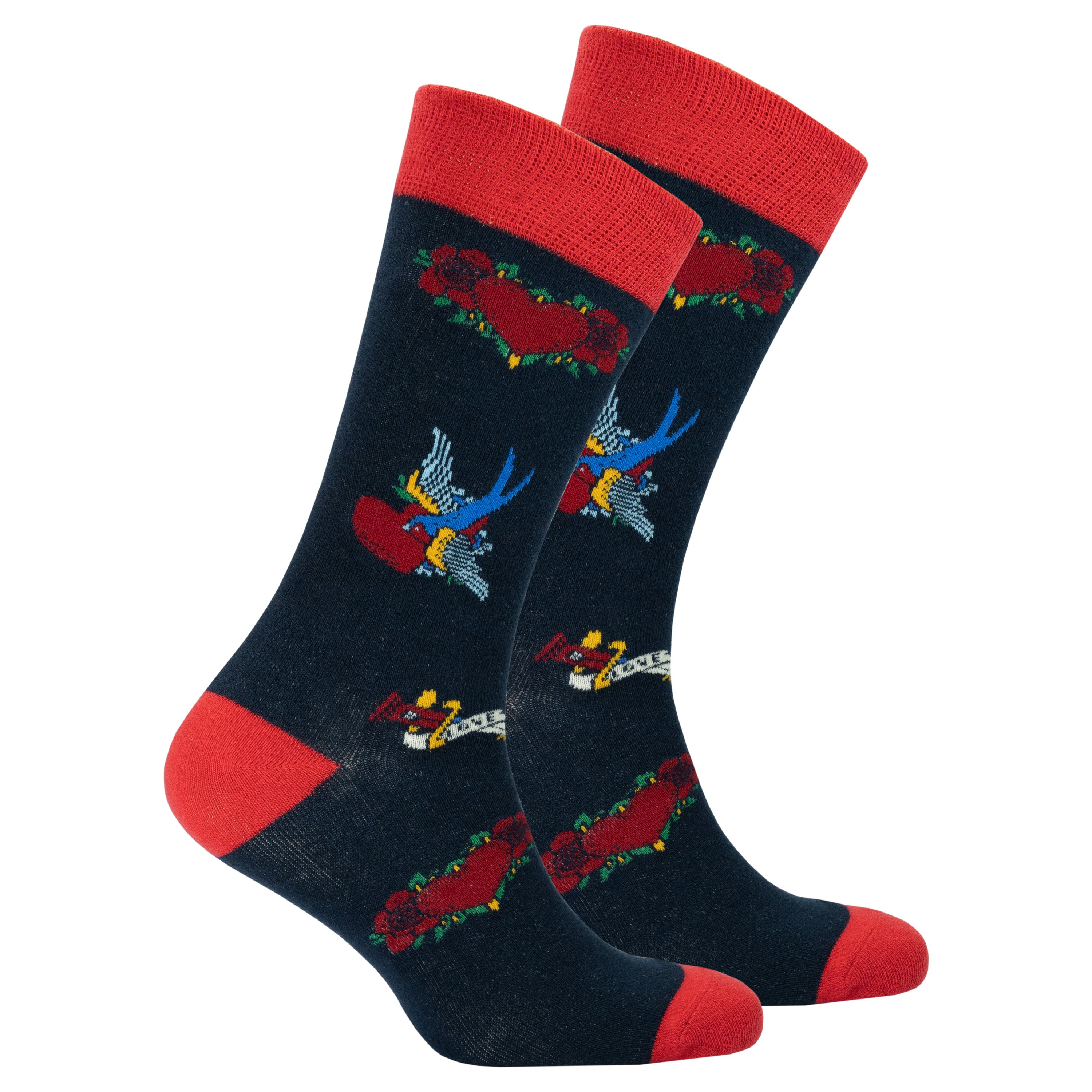 Men's Tattoo Socks featuring colorful designs and premium cotton material, perfect for adding style to any outfit.