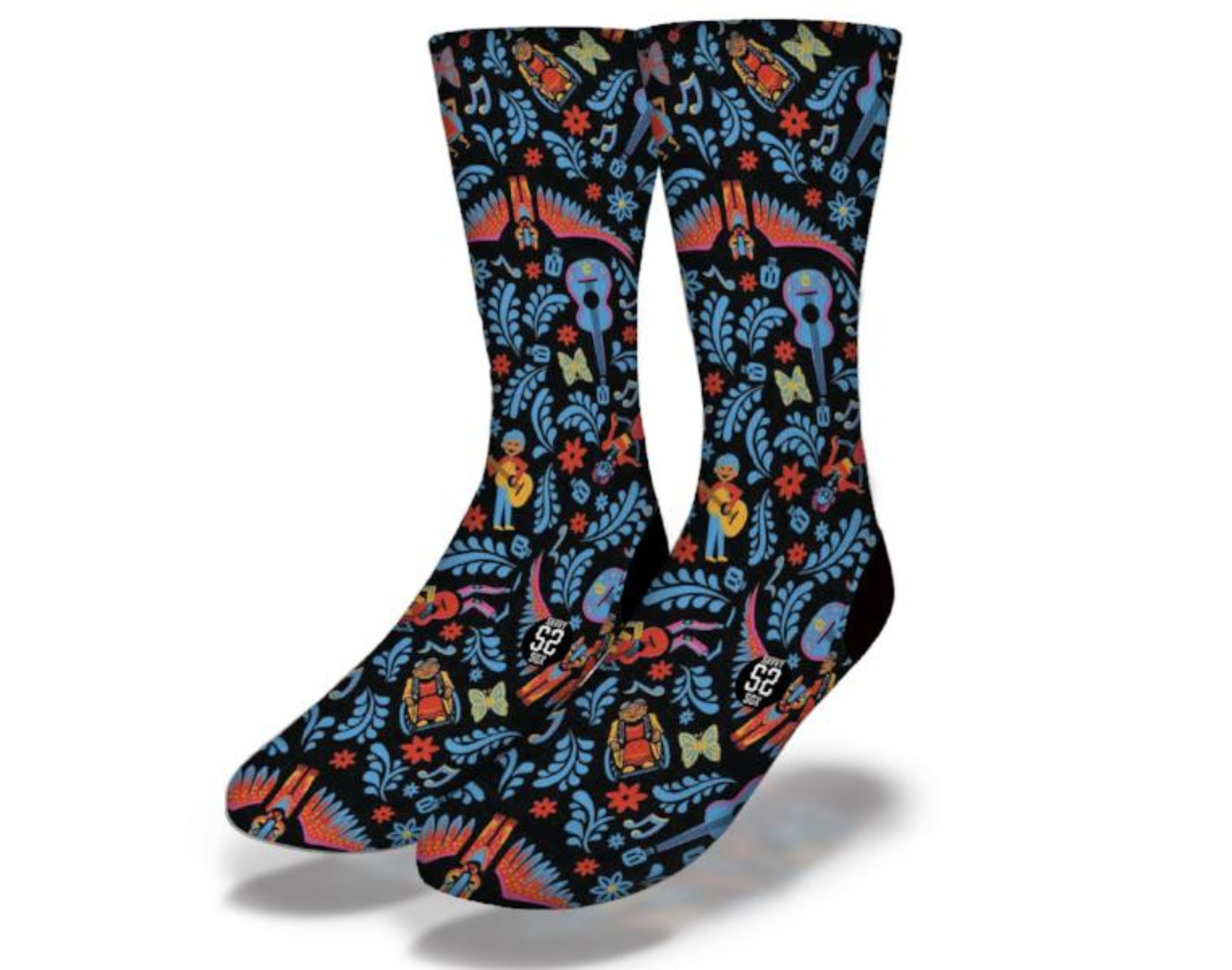 MEXICALI BLUES Music Lovers Guitar Socks featuring vibrant patterns of guitars, botanicals, and musical elements, perfect for music enthusiasts.
