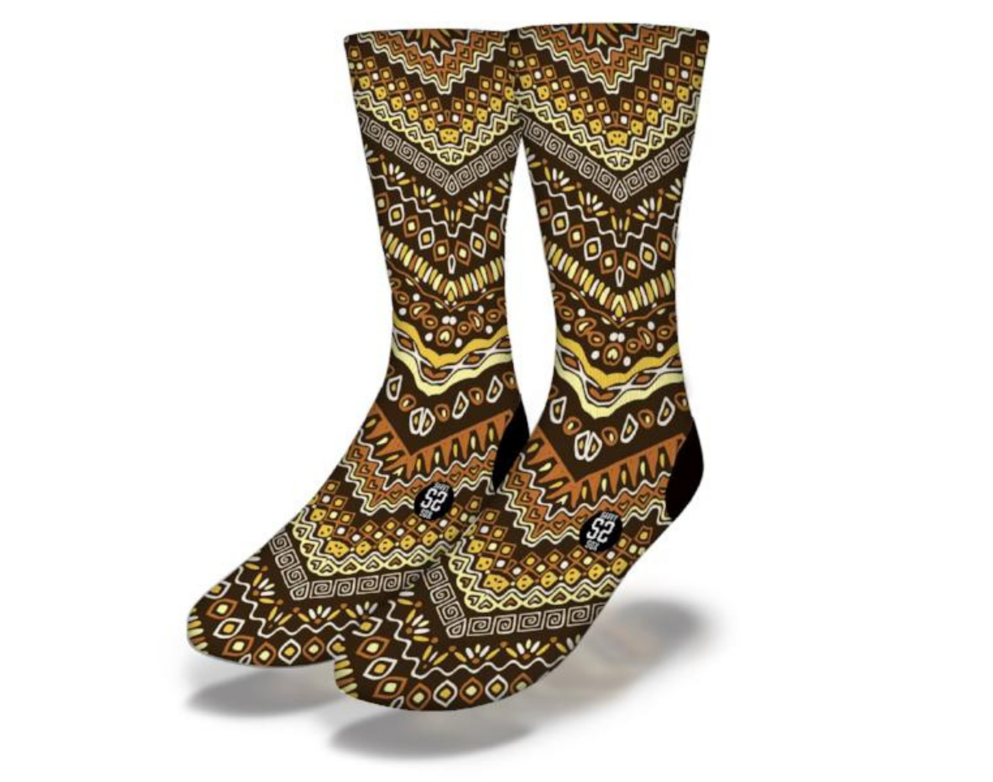 Monarch Butterfly Kaleidoscope socks featuring vibrant brown, gold, and orange African tribal patterns, perfect for cultural expression.