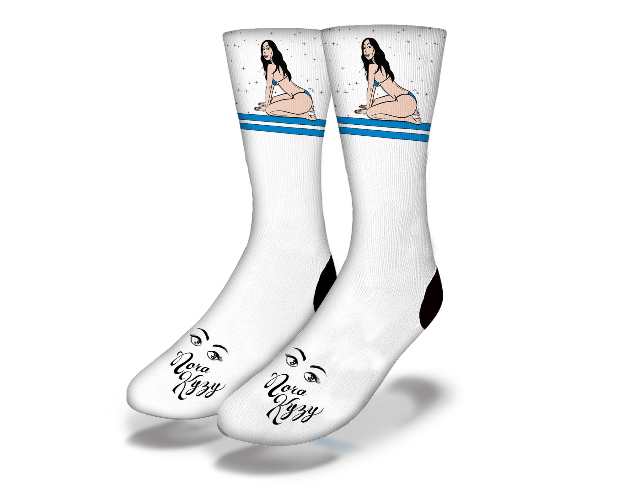 NORA KYZY 'SPORTY STRIPES' socks designed by Johnny Ryan featuring vibrant stripes and playful design, showcasing Asian beauty.