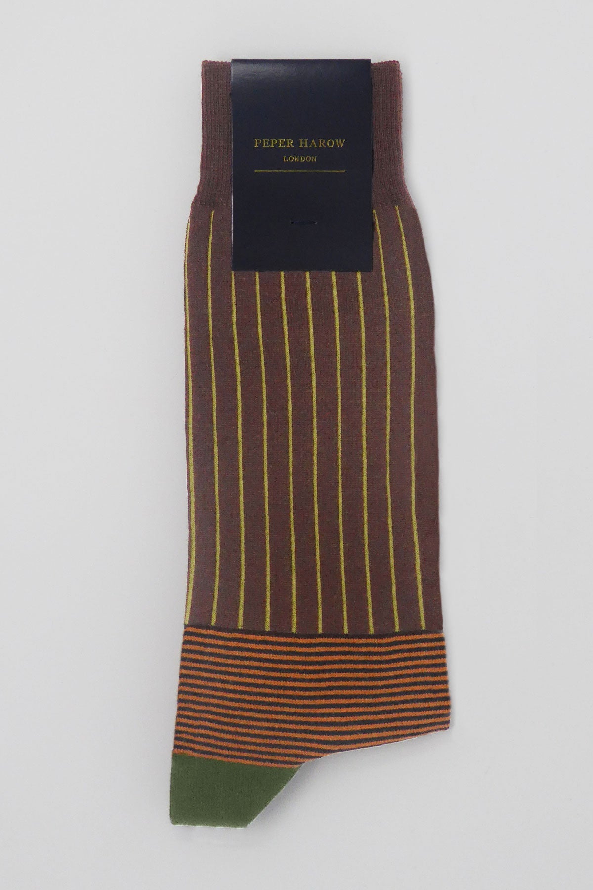 Brown Oxford Stripe Men's Socks featuring green heel and toe with vibrant orange, black, and yellow stripes, crafted from luxurious Mercerised Egyptian cotton.
