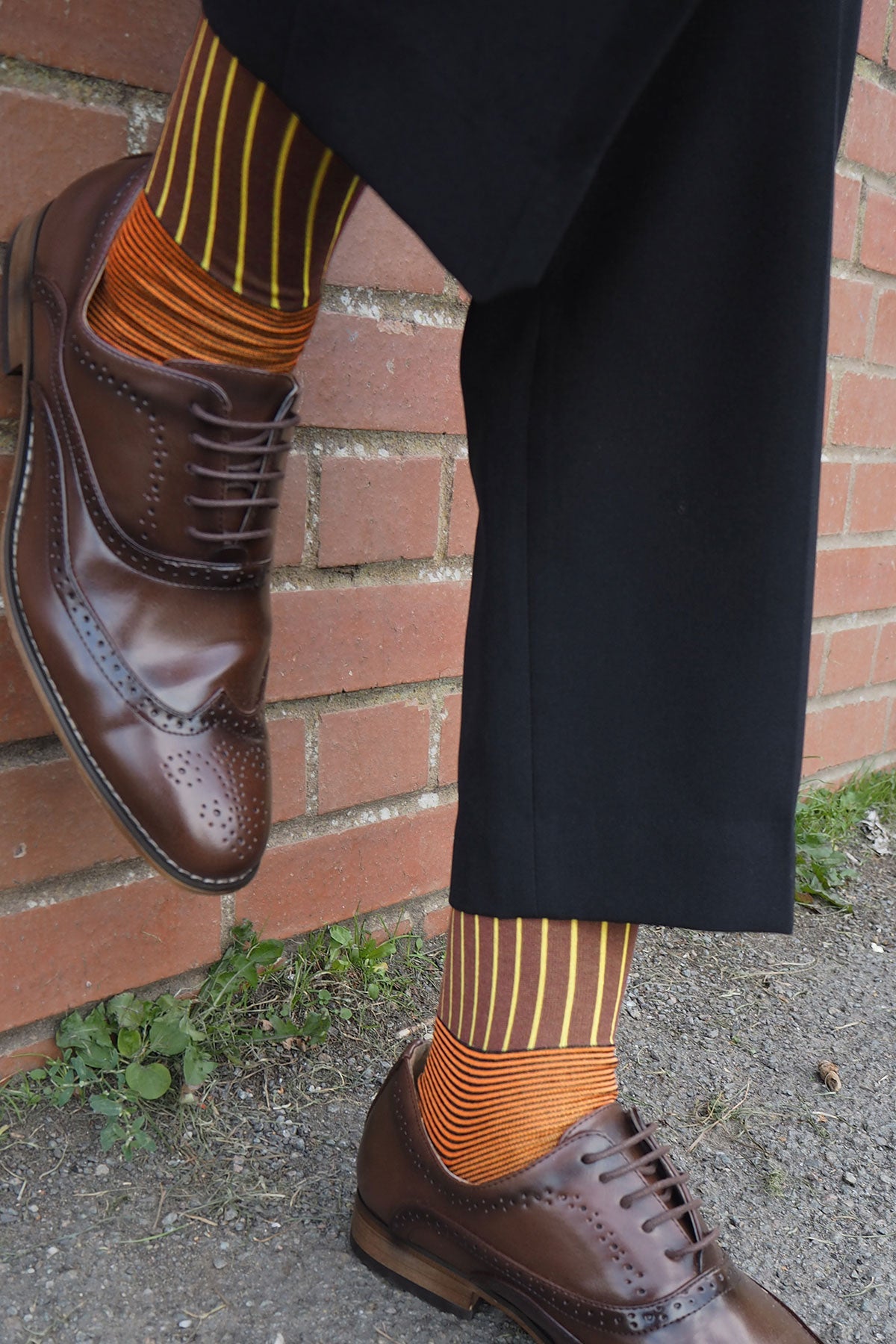 Brown Oxford Stripe Men's Socks featuring green heel and toe with vibrant orange, black, and yellow stripes, crafted from luxurious Mercerised Egyptian cotton.
