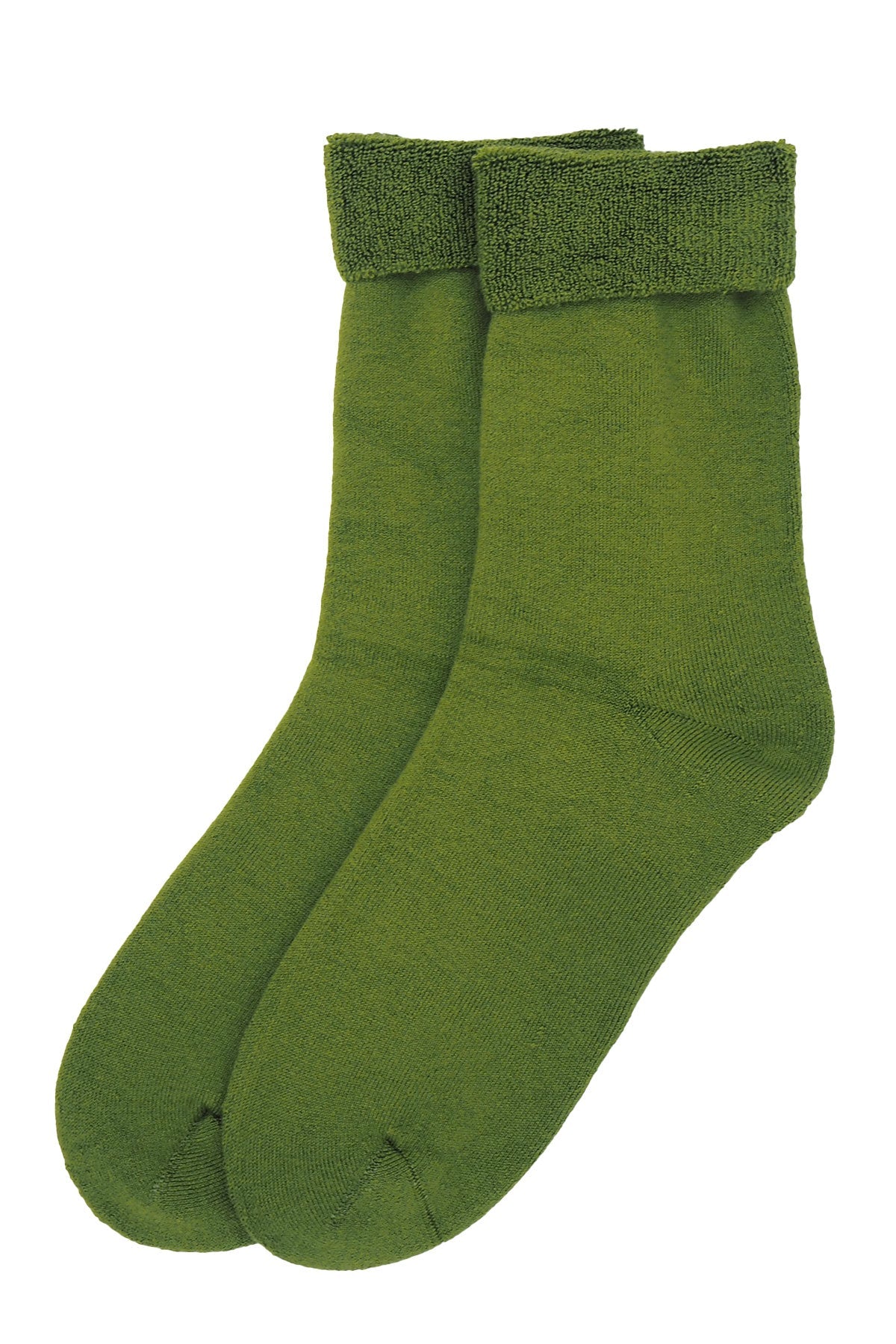 A pair of luxurious green women's bed socks made from soft Supima cotton, showcasing their fluffy interior and seamless toe design.