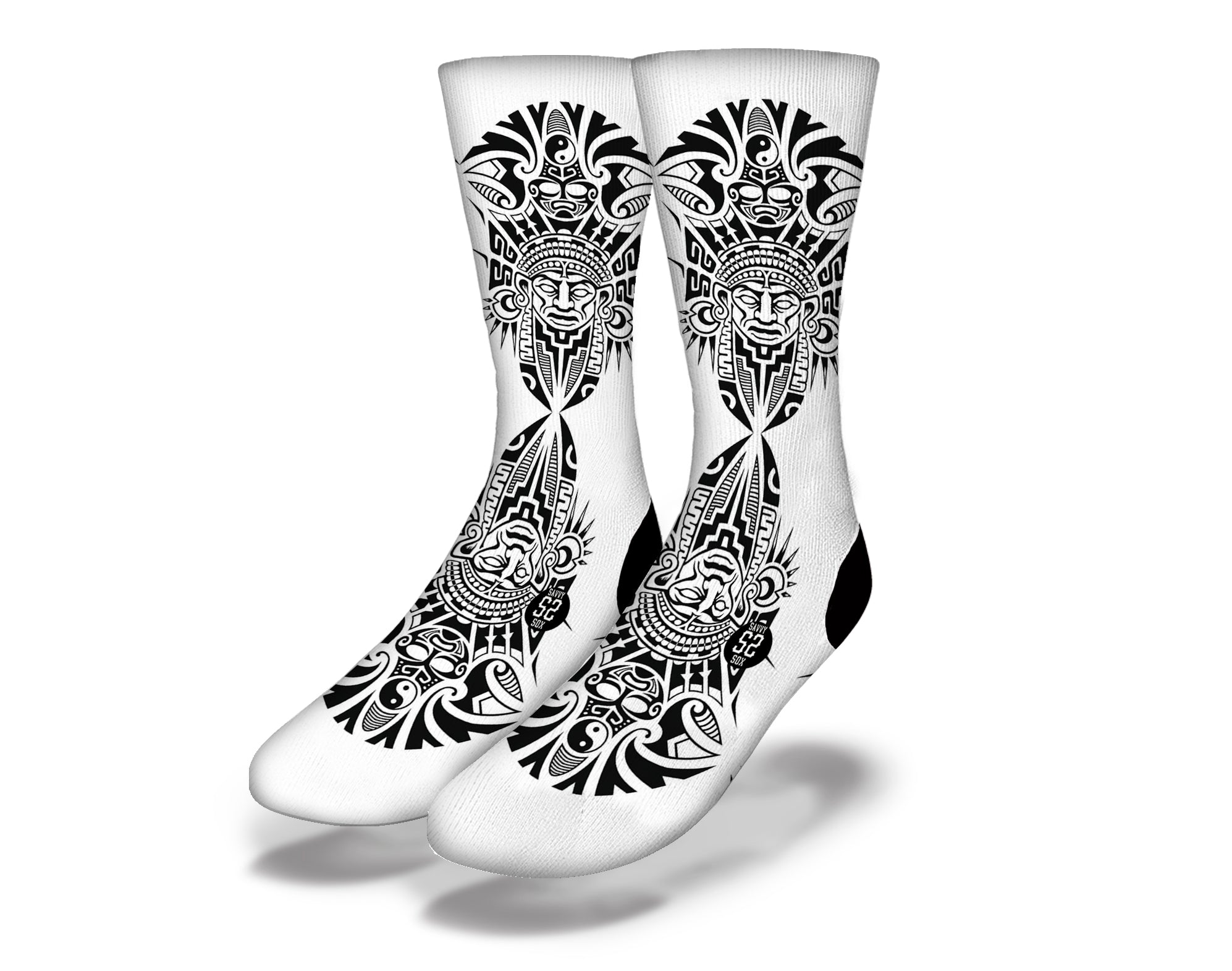 Polynesian Warrior 1 Socks featuring intricate designs and vibrant colors, showcasing Polynesian cultural art.