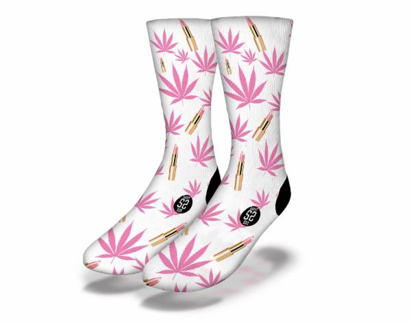 Pretty in Pink Lipstick & Cannabis Fun Weed Socks featuring vibrant pink color and cannabis motifs, perfect for stoners.
