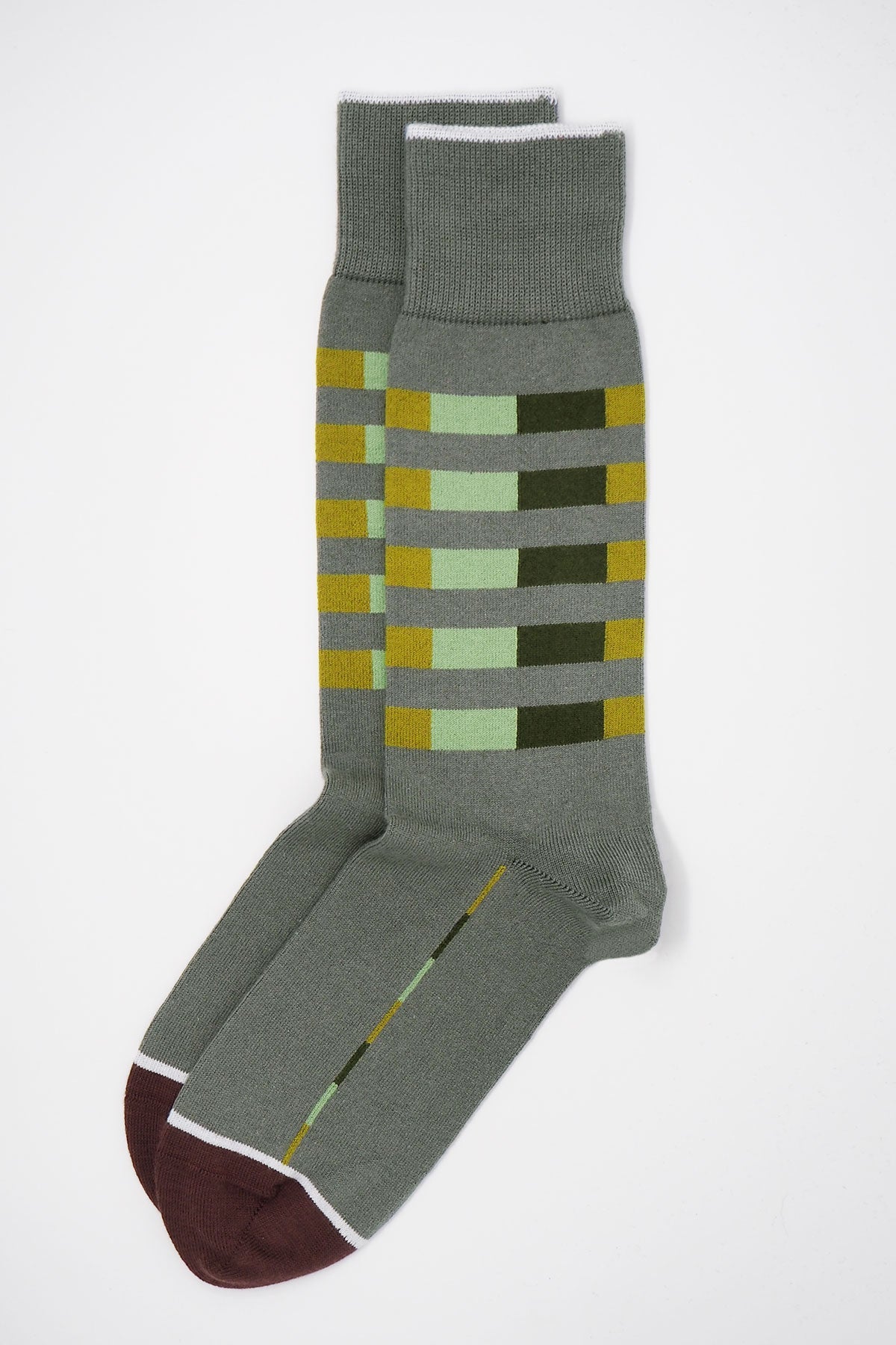 Grey Quad Stripe men's socks featuring olive, lime, and pastel green stripes, made from luxurious Supima cotton.