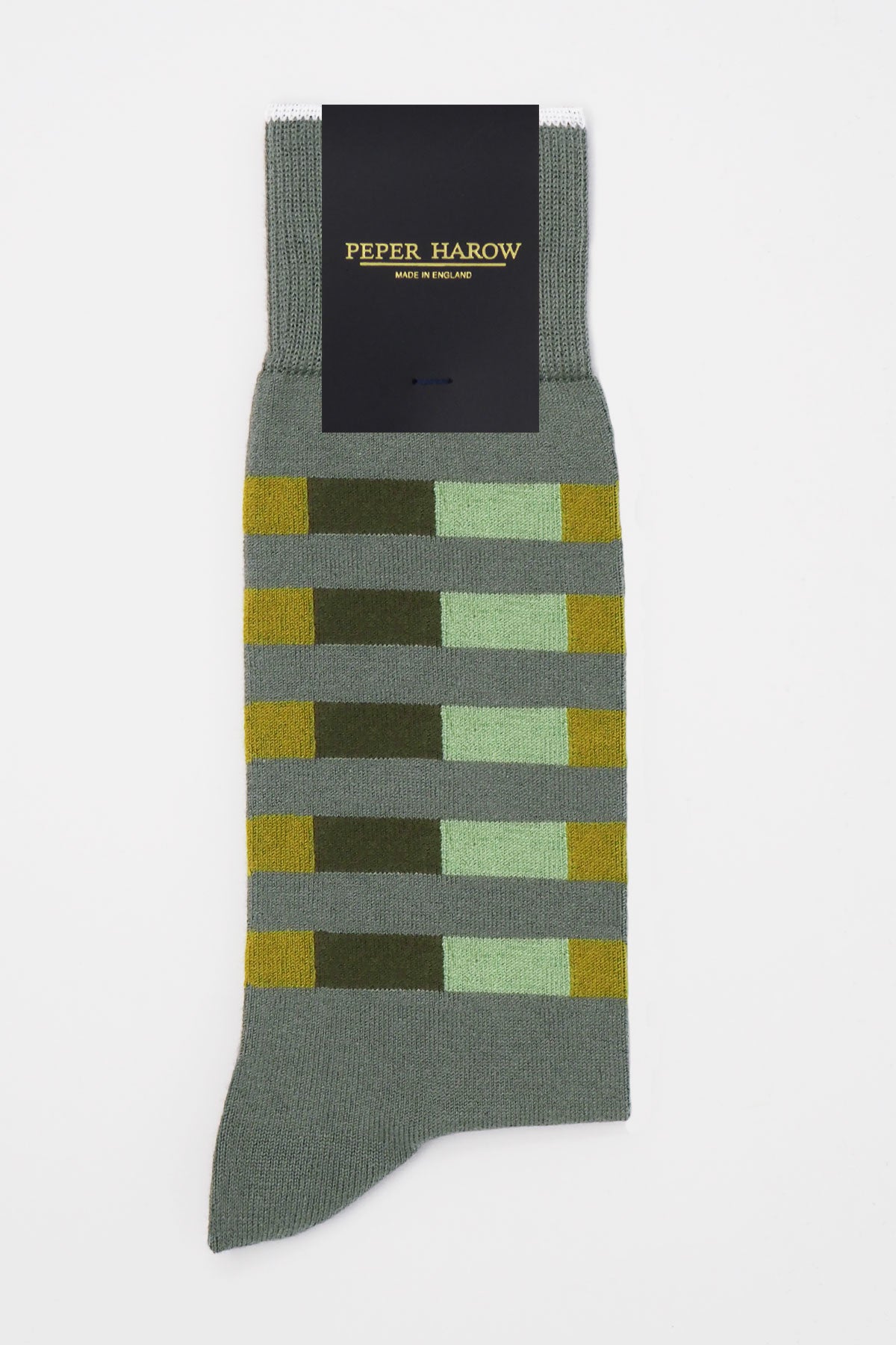 Grey Quad Stripe men's socks featuring olive, lime, and pastel green stripes, made from luxurious Supima cotton.