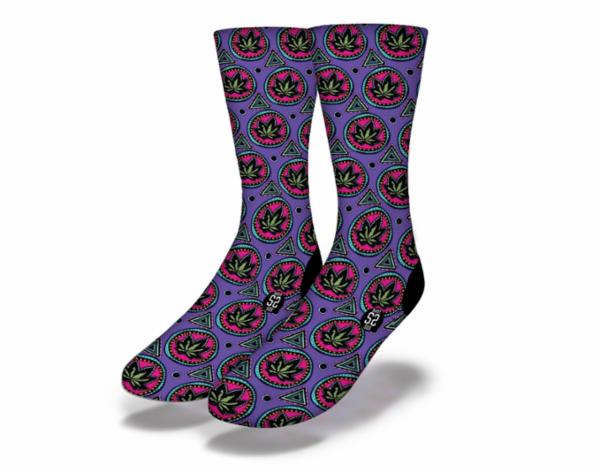 Colorful RED EYE PSYCHEDELIC Fun Weed Socks featuring pot flower medallions, perfect for stoners and sock enthusiasts.