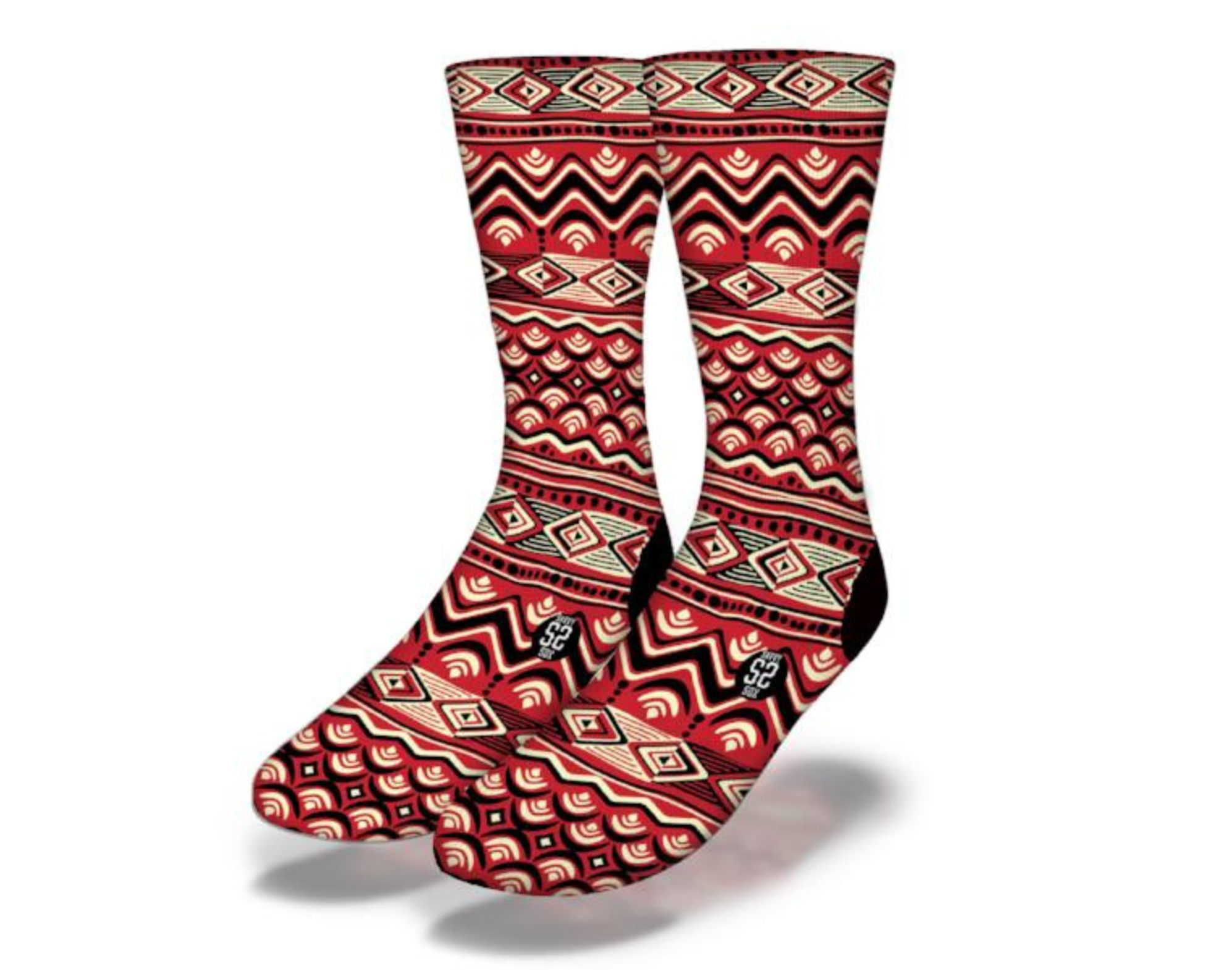 A pair of RED HOT ZIG ZAG African Tribal Pattern Socks featuring a vibrant design with beige and black diamond bands and a bold zig-zag pattern.