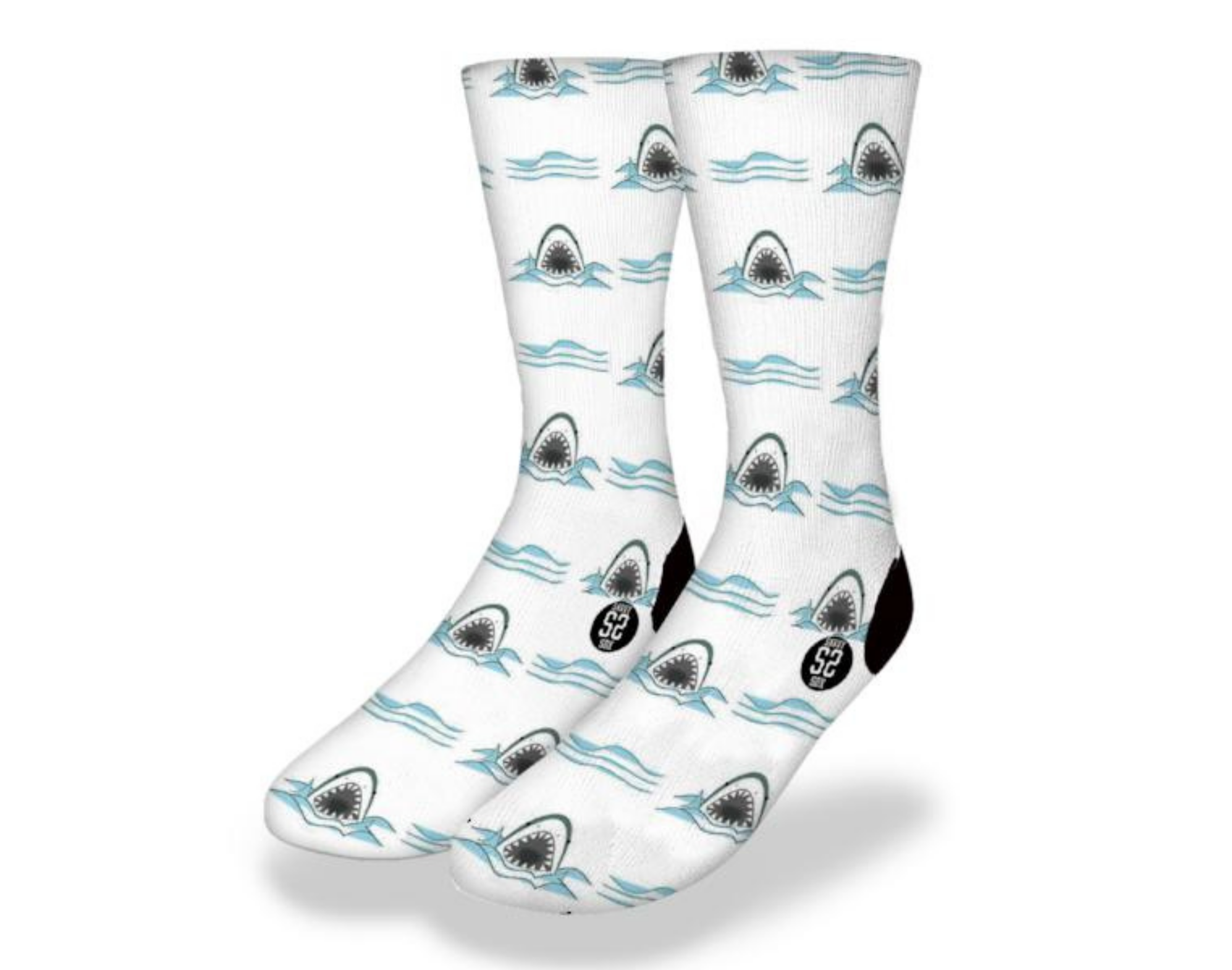 A pair of RETRO SHARKS BITE Fun Shark Socks featuring cartoon Great White sharks breaching aqua waves in a vibrant retro pattern.