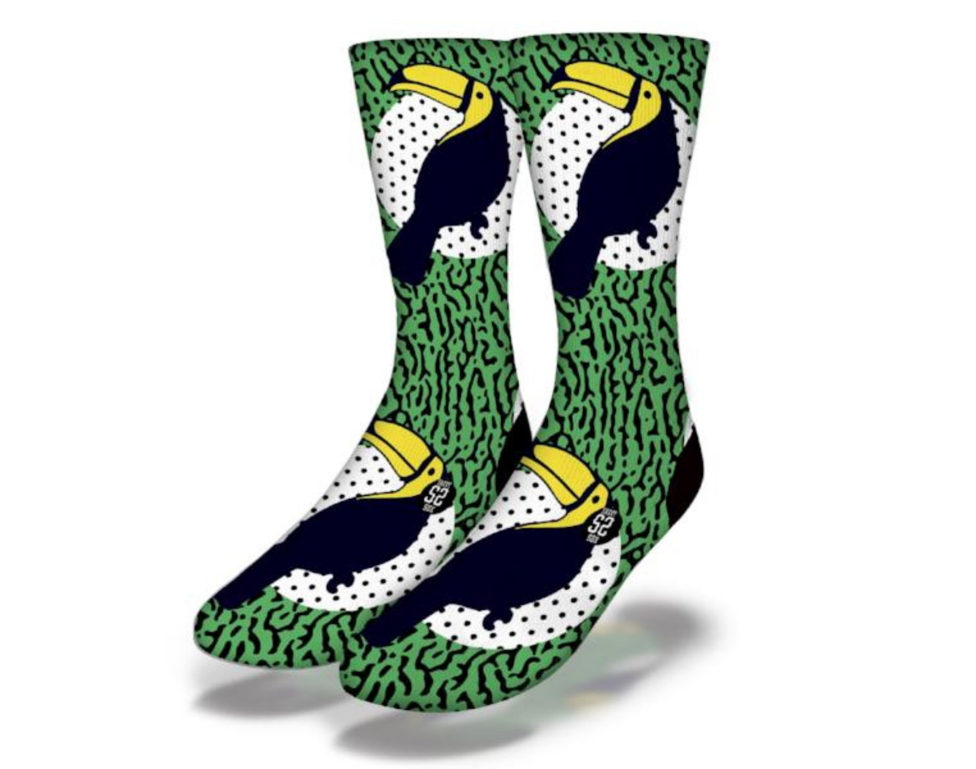 Colorful RETRO TROPICAL TOUCANS socks featuring vibrant toucan designs in yellow and green, perfect for animal lovers.