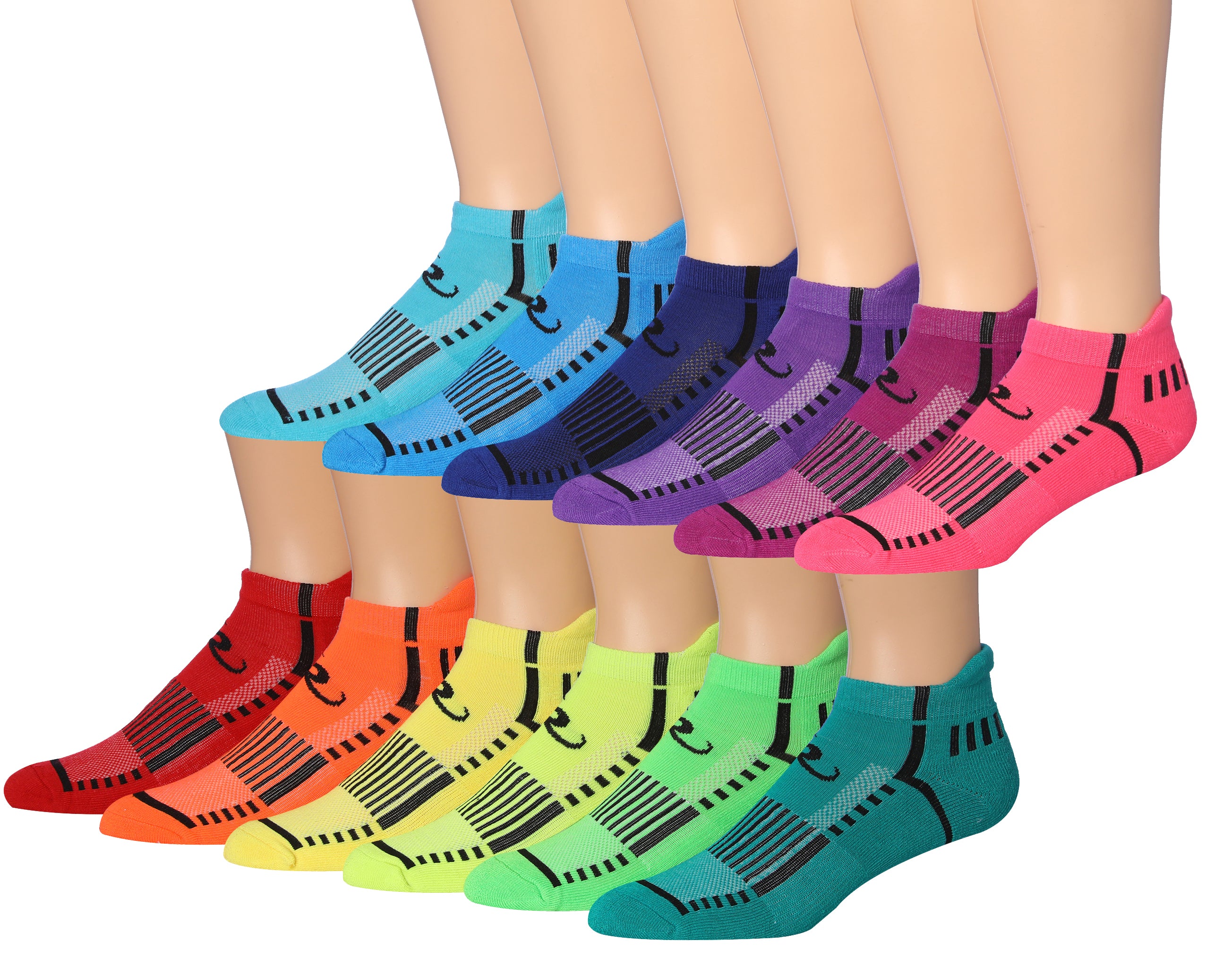 Ronnox Men's 12-Pairs Low Cut Running Socks in various colors, showcasing their breathable and comfortable design.