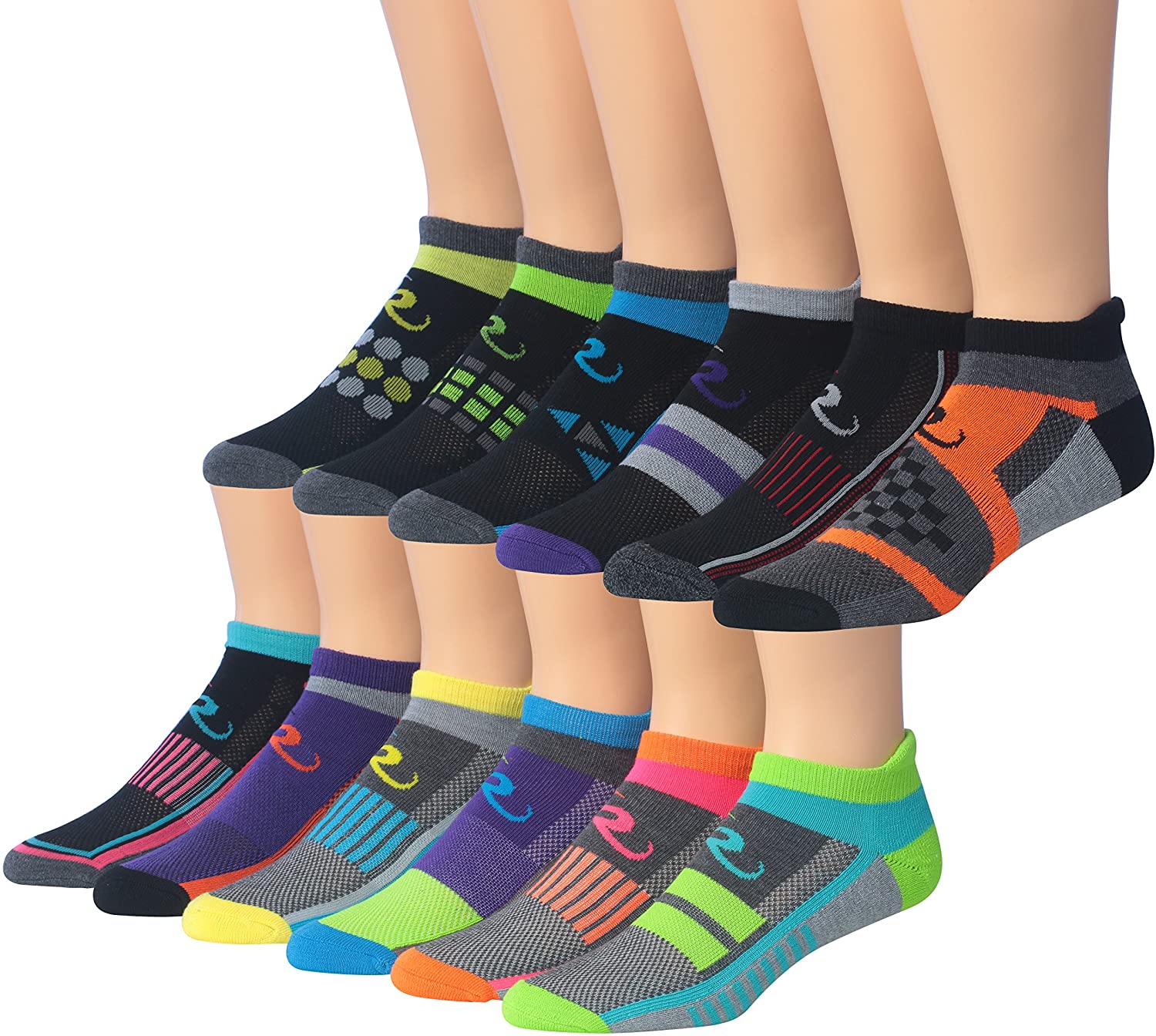 Ronnox Men's 12-Pairs Low Cut Running Socks displayed in various colors, showcasing their low cut design and breathable fabric.