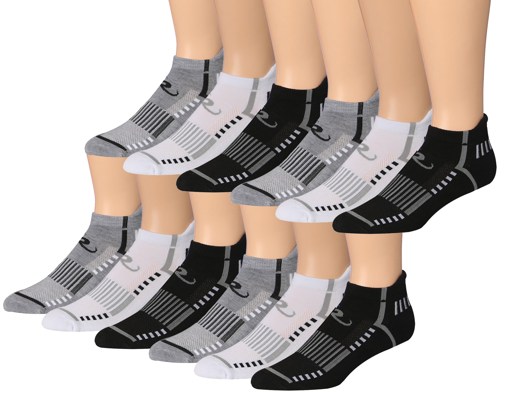 Ronnox Men's 12-Pairs Low Cut Running Socks displayed in various colors and styles, showcasing their athletic design and comfort features.