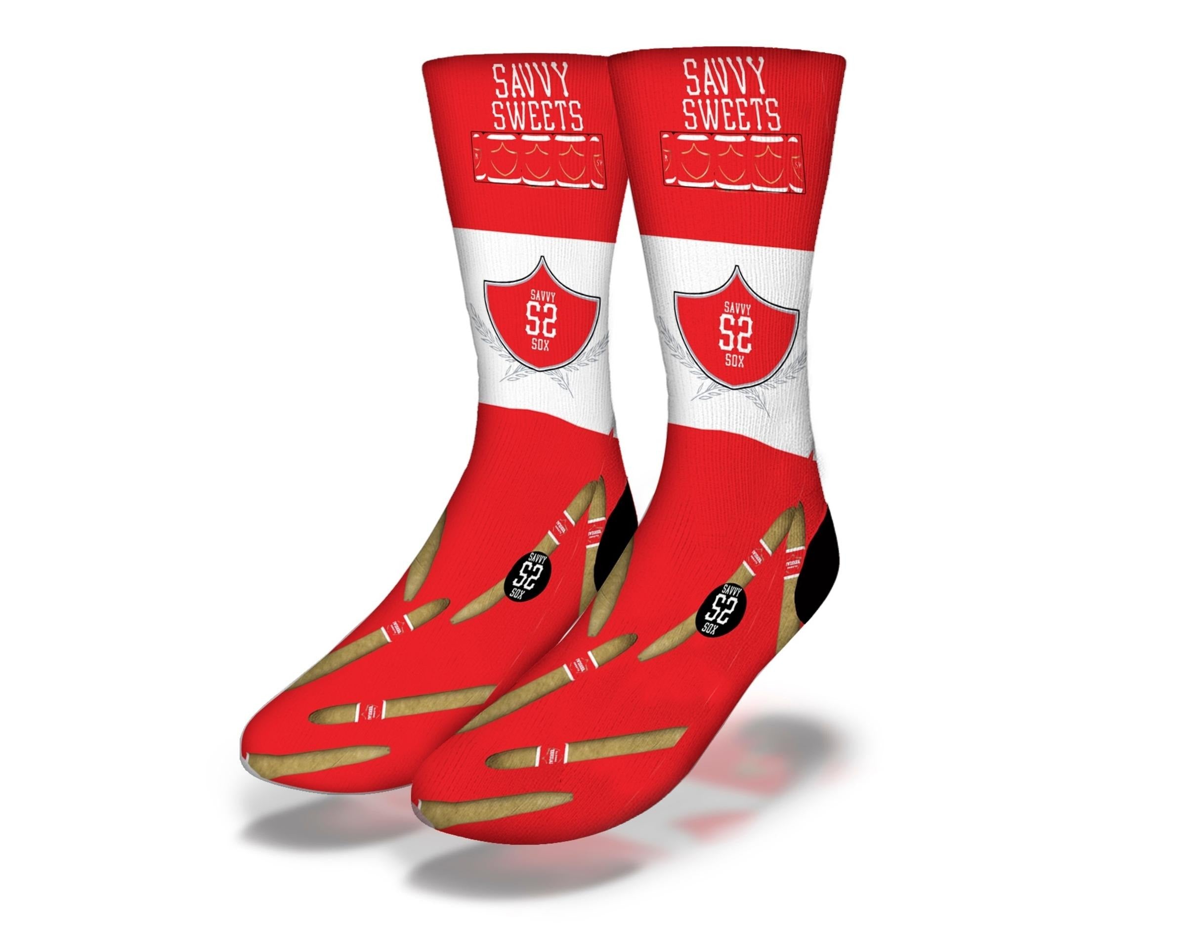 Savvy Sweets Red Cigar Socks featuring a vibrant red color and cigar motif design.