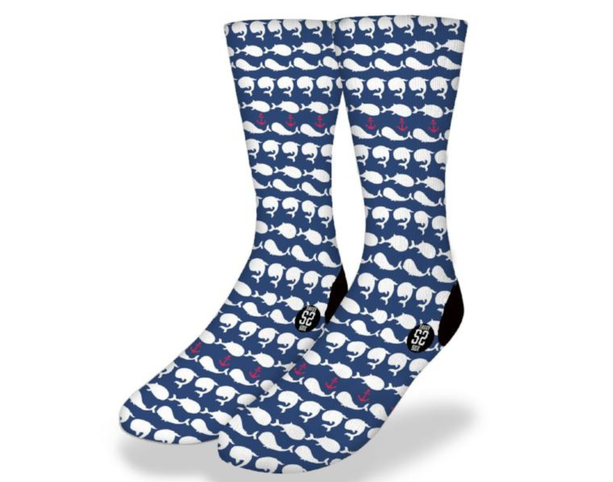 Colorful SCHOOL OF WHALES Fun Whale Socks featuring various whale designs, perfect for ocean lovers and fun sock enthusiasts.
