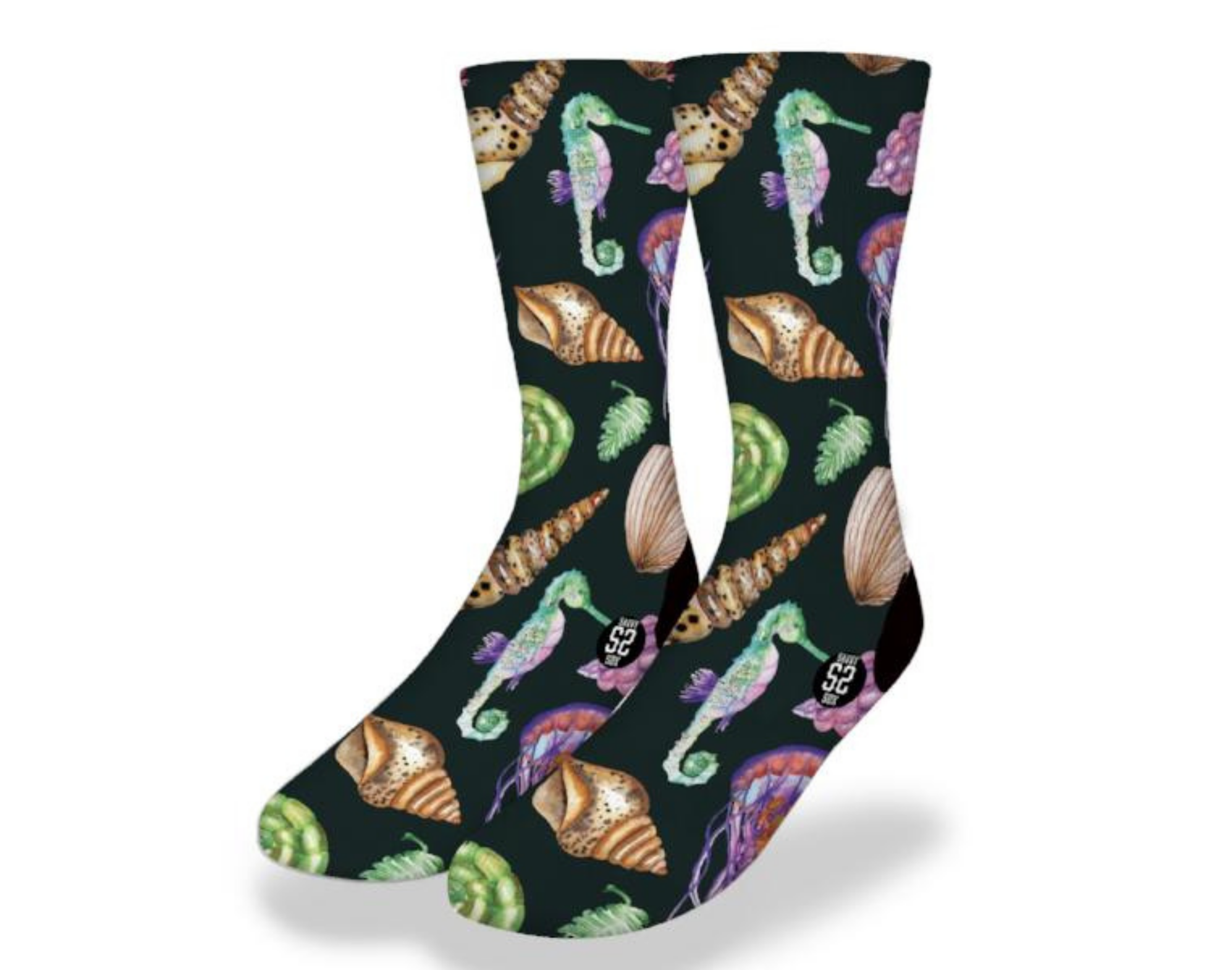 Colorful SEAHORSES & SEASHELLS Fun Sea Life Socks featuring marine life in watercolor style against a black background.