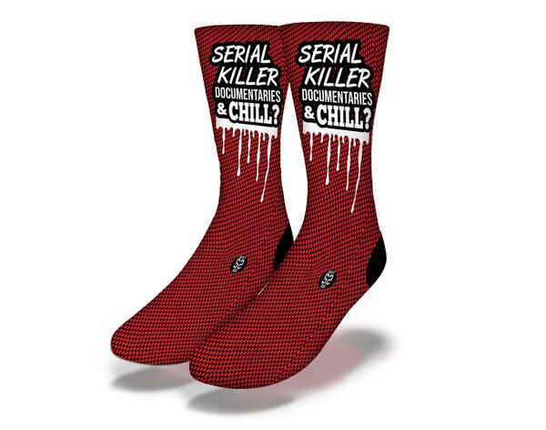 A pair of spooky Serial Killer Halloween Horror Socks featuring a chilling design, perfect for Halloween festivities.