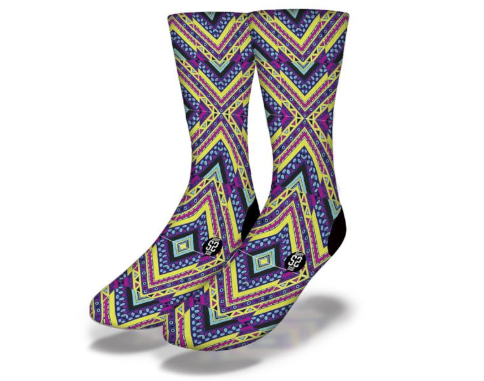 A pair of vibrant African Tribal Pattern Socks featuring blue, purple, and yellow squares in a kaleidoscope design.