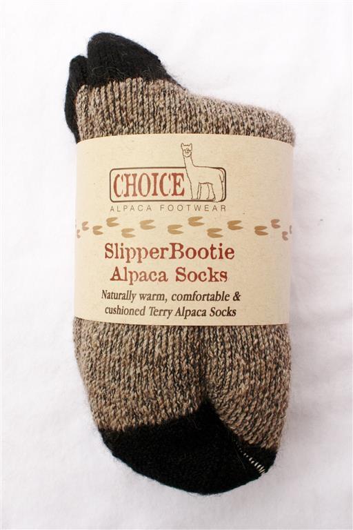 SlipperBootie Alpaca Socks in Cocoa Brown, showcasing their soft texture and cozy design, perfect for warmth and comfort.
