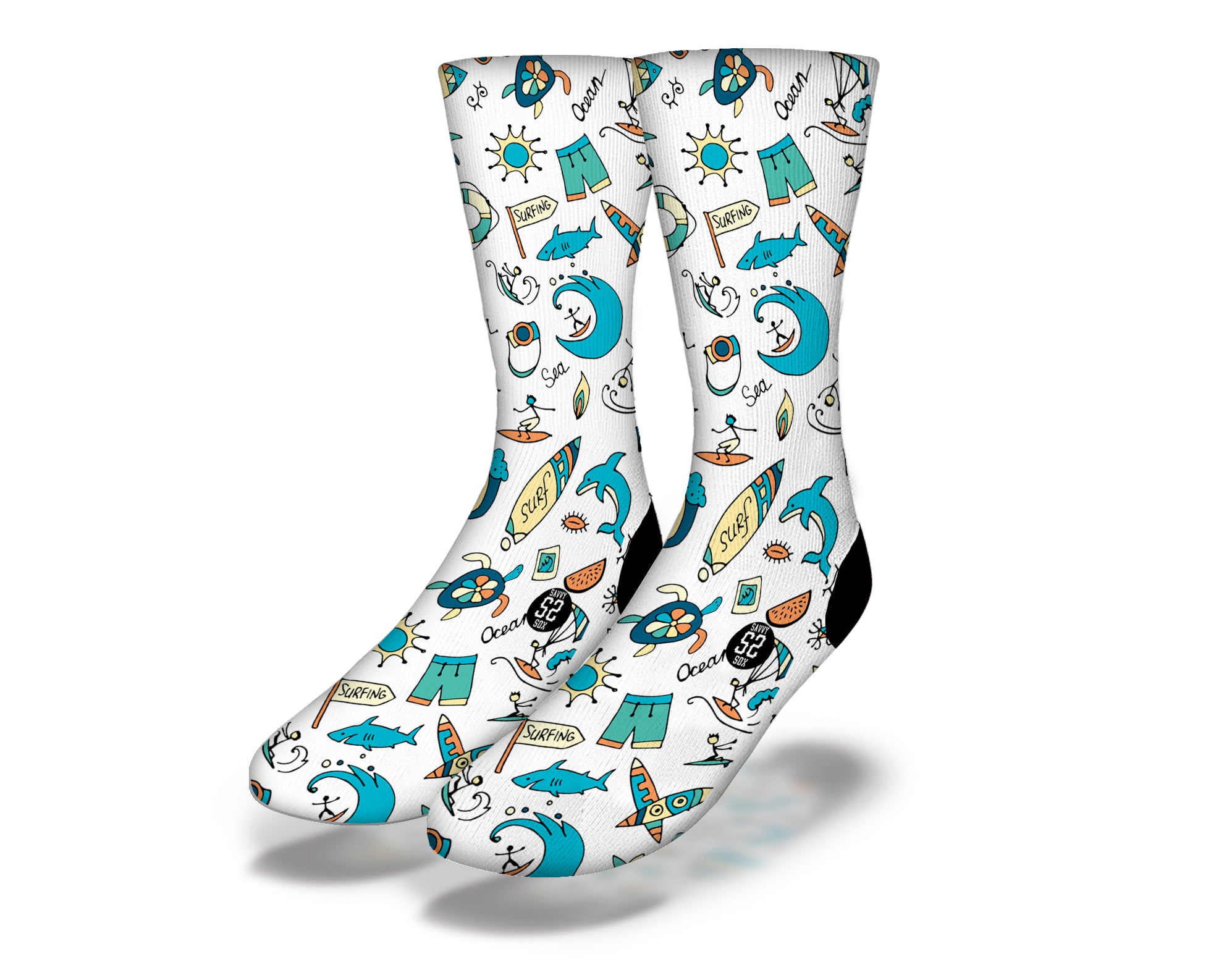 Colorful Fun Surfing Socks featuring cartoon illustrations of surfboards, sea turtles, dolphins, and sharks, perfect for beach lovers.