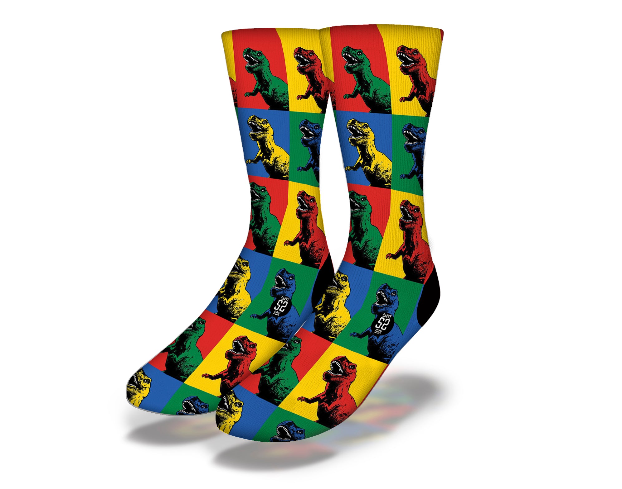 Colorful TECHNICOLOR T-REX dinosaur socks featuring vibrant primary colors and playful T-Rex designs, perfect for all ages.