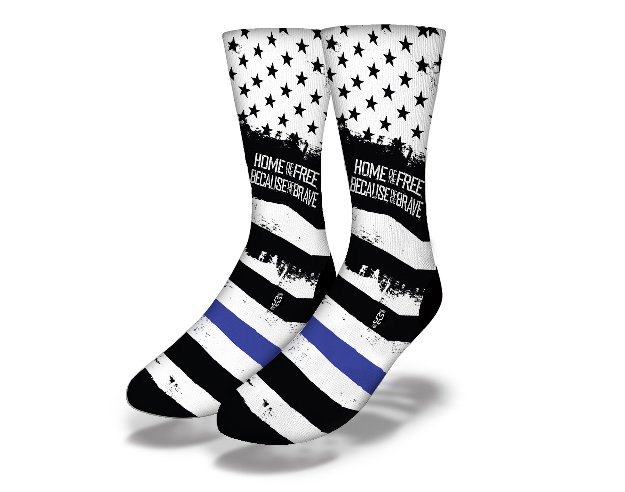 Thin Blue Line style 3 socks featuring a blue line design on a black background, showcasing support for law enforcement.