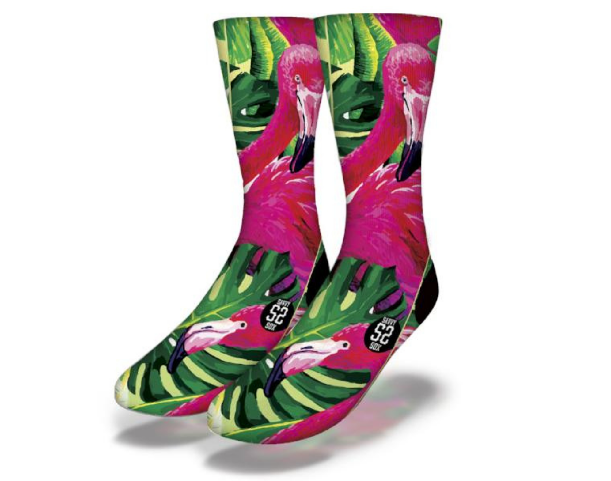 Colorful Tickled Pink Retro Flamingos socks featuring vibrant pink flamingos and palm fronds, perfect for fun and stylish wear.