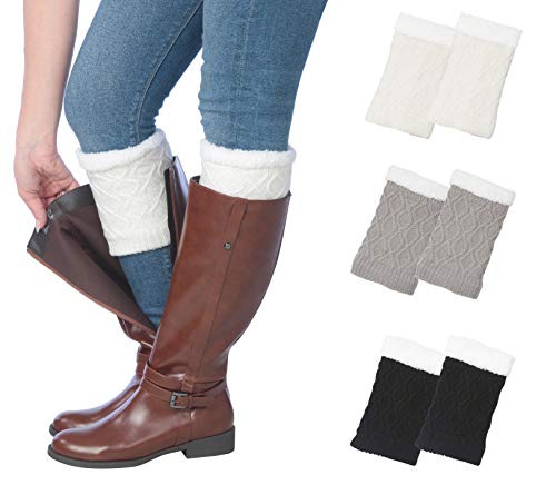 Three pairs of Tipi Toe women's knitted boot cuffs in various colors, designed for warmth and style.