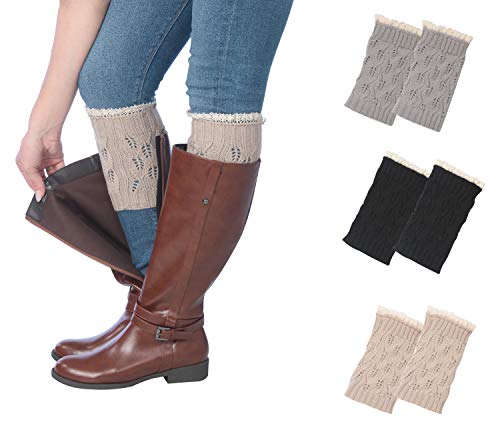 Three pairs of Tipi Toe women's knitted boot cuffs in various colors, designed for warmth and style.