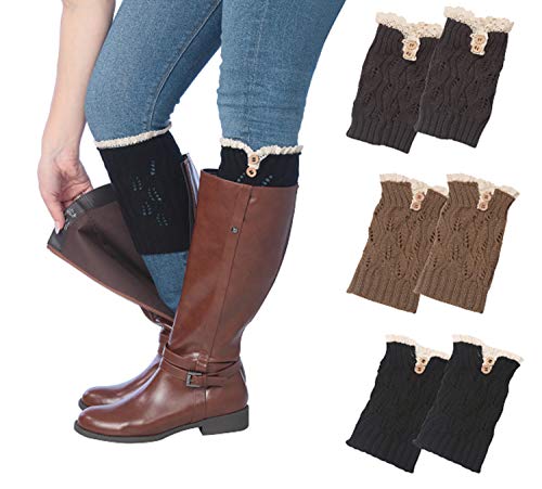 Three pairs of Tipi Toe women's knitted boot cuffs in various colors, designed for warmth and style.