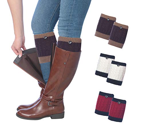 Three pairs of Tipi Toe women's knitted boot cuffs in various colors, designed for warmth and style.
