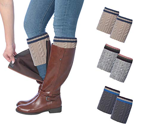 Three pairs of Tipi Toe women's knitted boot cuffs in various colors, designed for warmth and style.