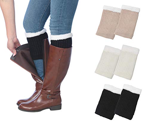 Three pairs of Tipi Toe women's knitted boot cuffs in various colors, designed for warmth and style.