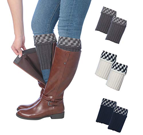 Three pairs of Tipi Toe women's knitted boot cuffs in various colors, designed for warmth and style.